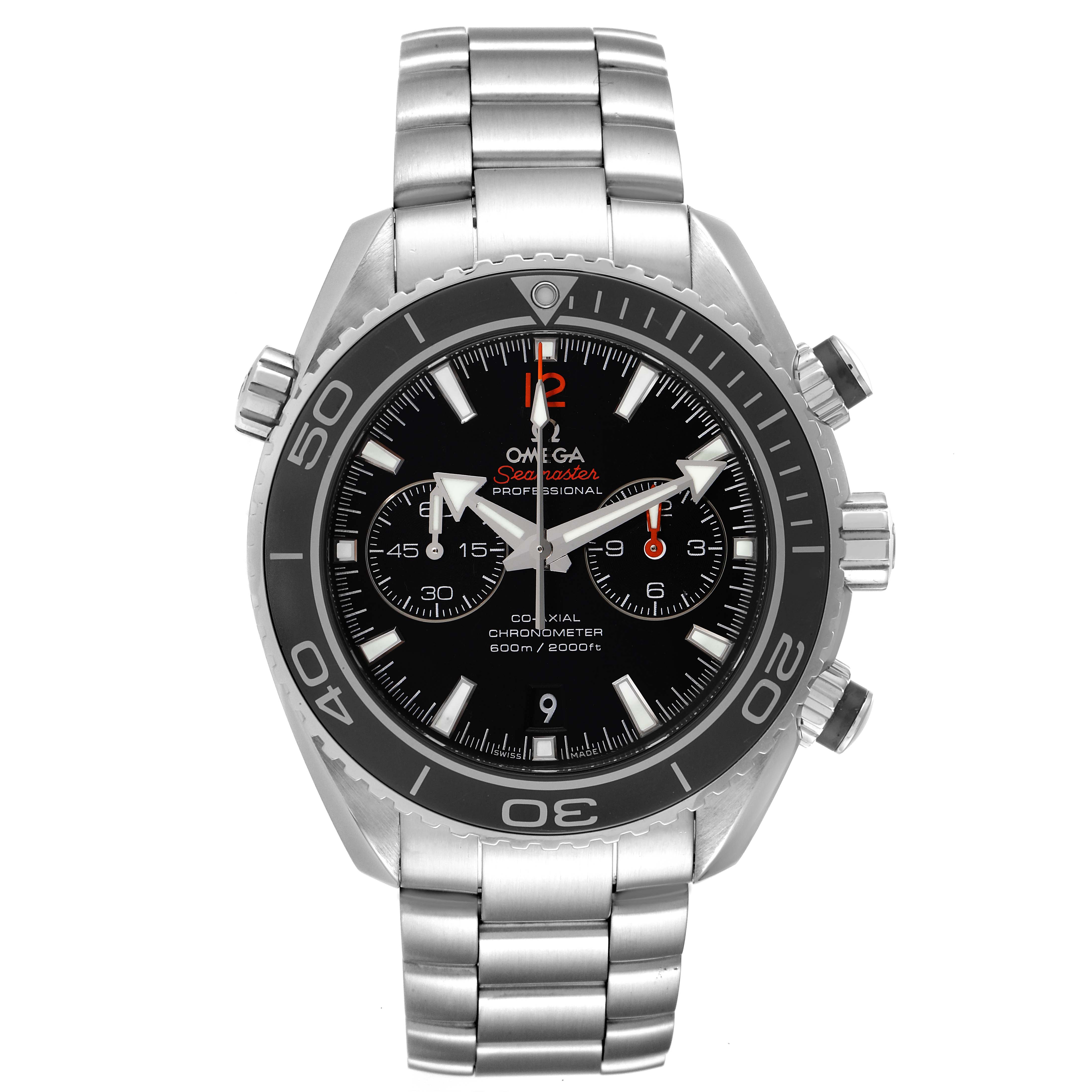 The image shows a frontal view of an Omega Planet Ocean 232.30.46.51.01.003 Men
s Stainless Steel Black Dial 232.30.46.51.01.003 Men
s Stainless Steel Black Dial watch, displaying the face, bezel, and stainless steel bracelet.