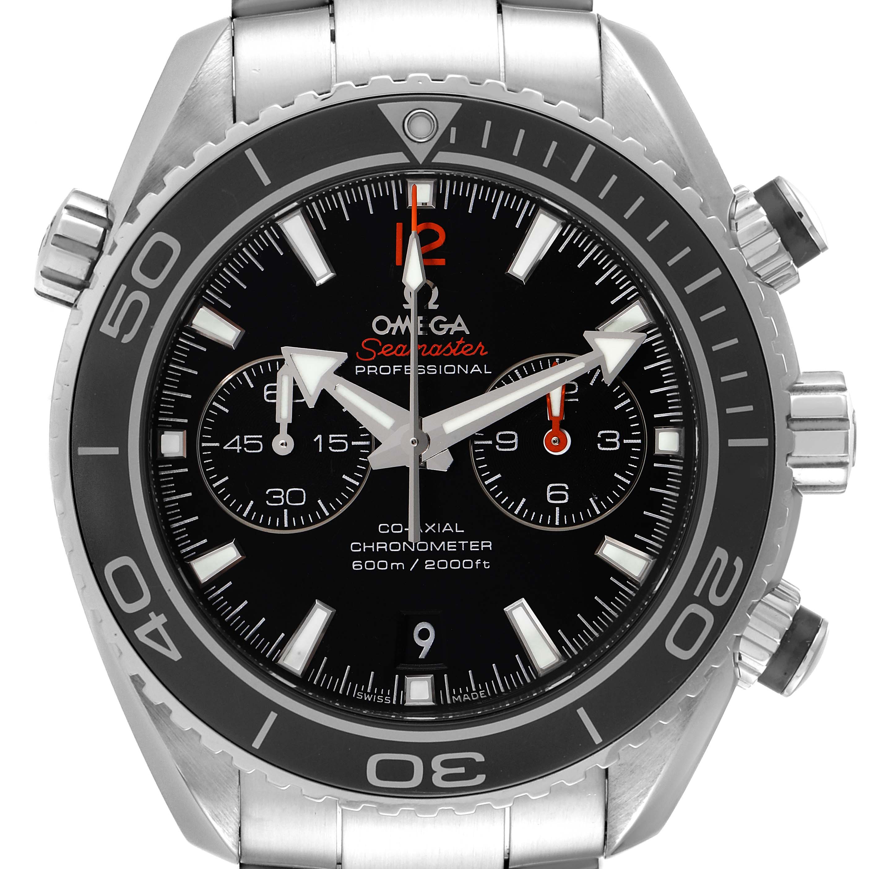 The image shows a front view of the Omega Planet Ocean 232.30.46.51.01.003 Men
s Stainless Steel Black Dial 232.30.46.51.01.003 Men
s Stainless Steel Black Dial model watch, highlighting its dial, bezel, and stainless steel bracelet.