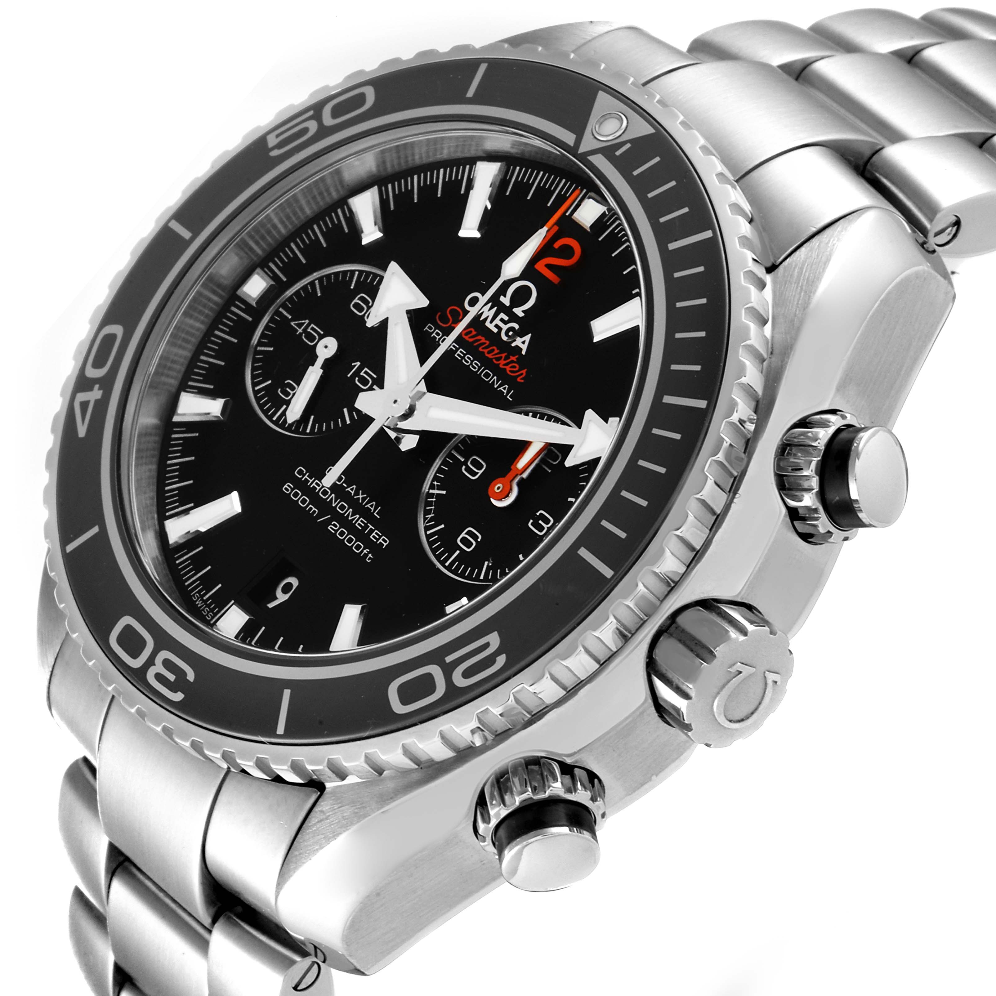 The image shows an angled view of the Omega Planet Ocean 232.30.46.51.01.003 Men
s Stainless Steel Black Dial 232.30.46.51.01.003 Men
s Stainless Steel Black Dial watch, highlighting its bezel, dial, crown, pushers, and part of the bracelet.