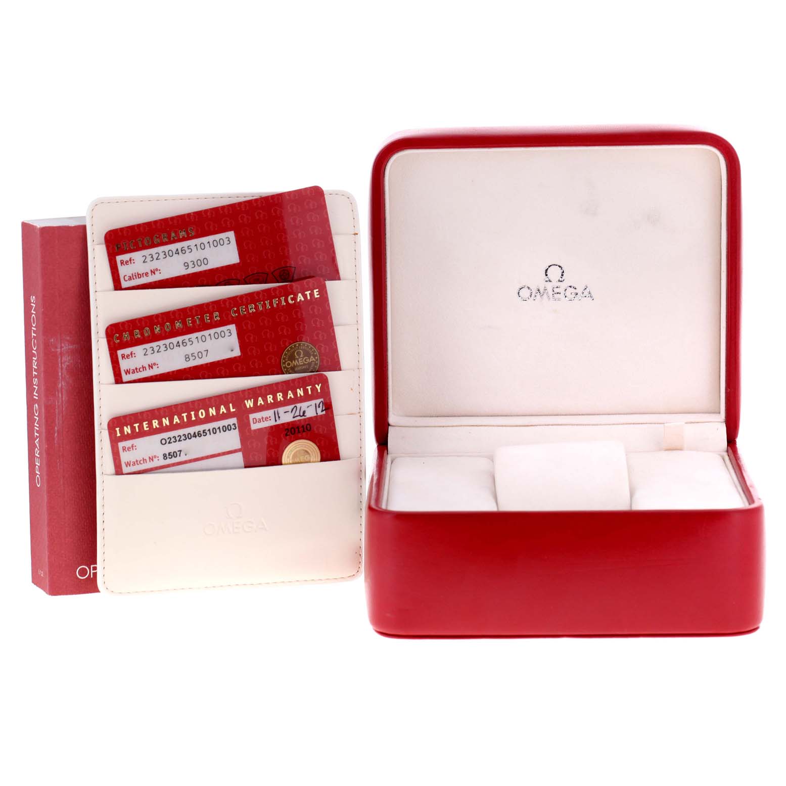 The image shows the packaging, warranty cards, and the presentation case for an Omega Planet Ocean 232.30.46.51.01.003 Men
s Stainless Steel Black Dial 232.30.46.51.01.003 Men
s Stainless Steel Black Dial watch.