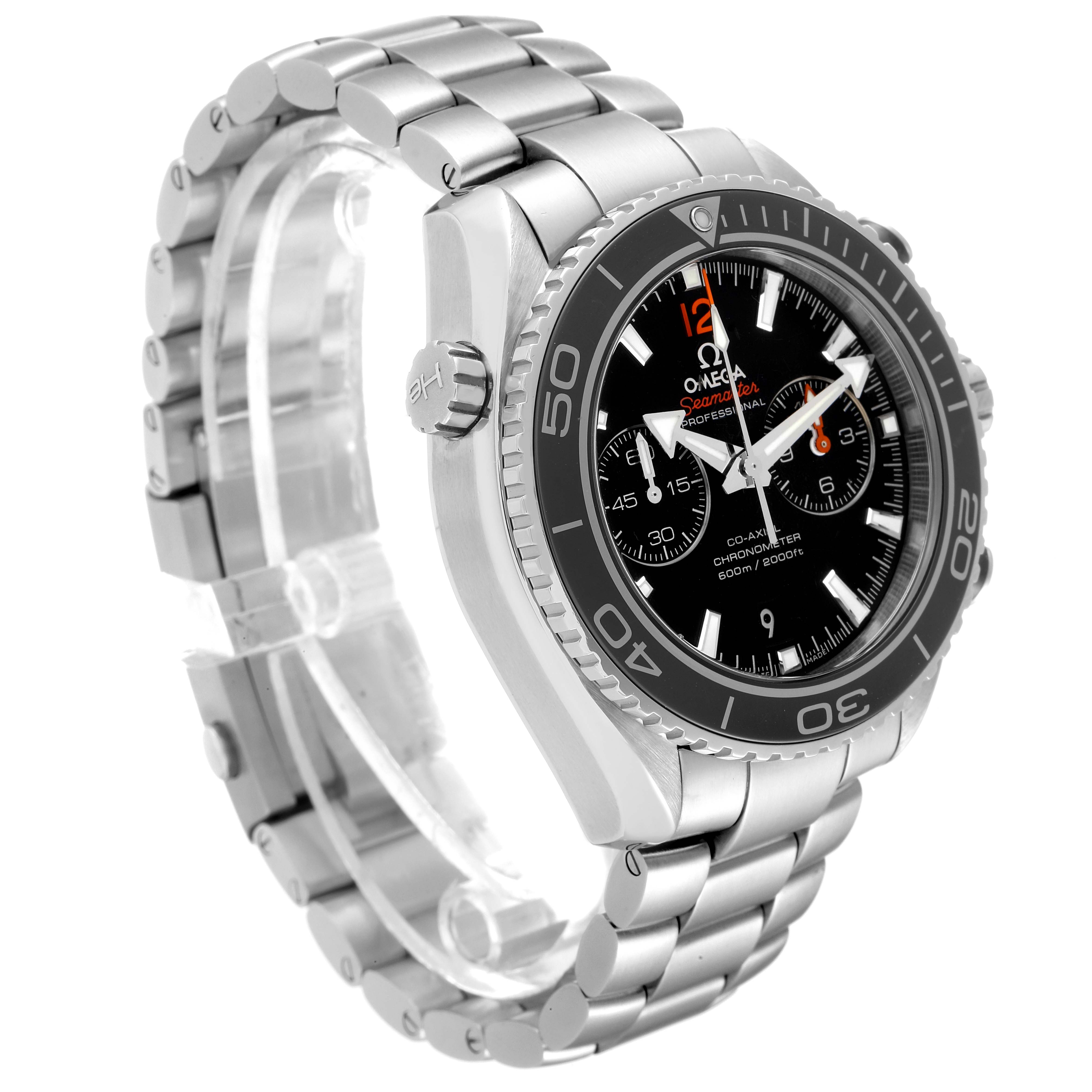 The image shows a side angle view of the Omega Planet Ocean 232.30.46.51.01.003 Men
s Stainless Steel Black Dial 232.30.46.51.01.003 Men
s Stainless Steel Black Dial watch, showcasing its band, bezel, crown, and face.