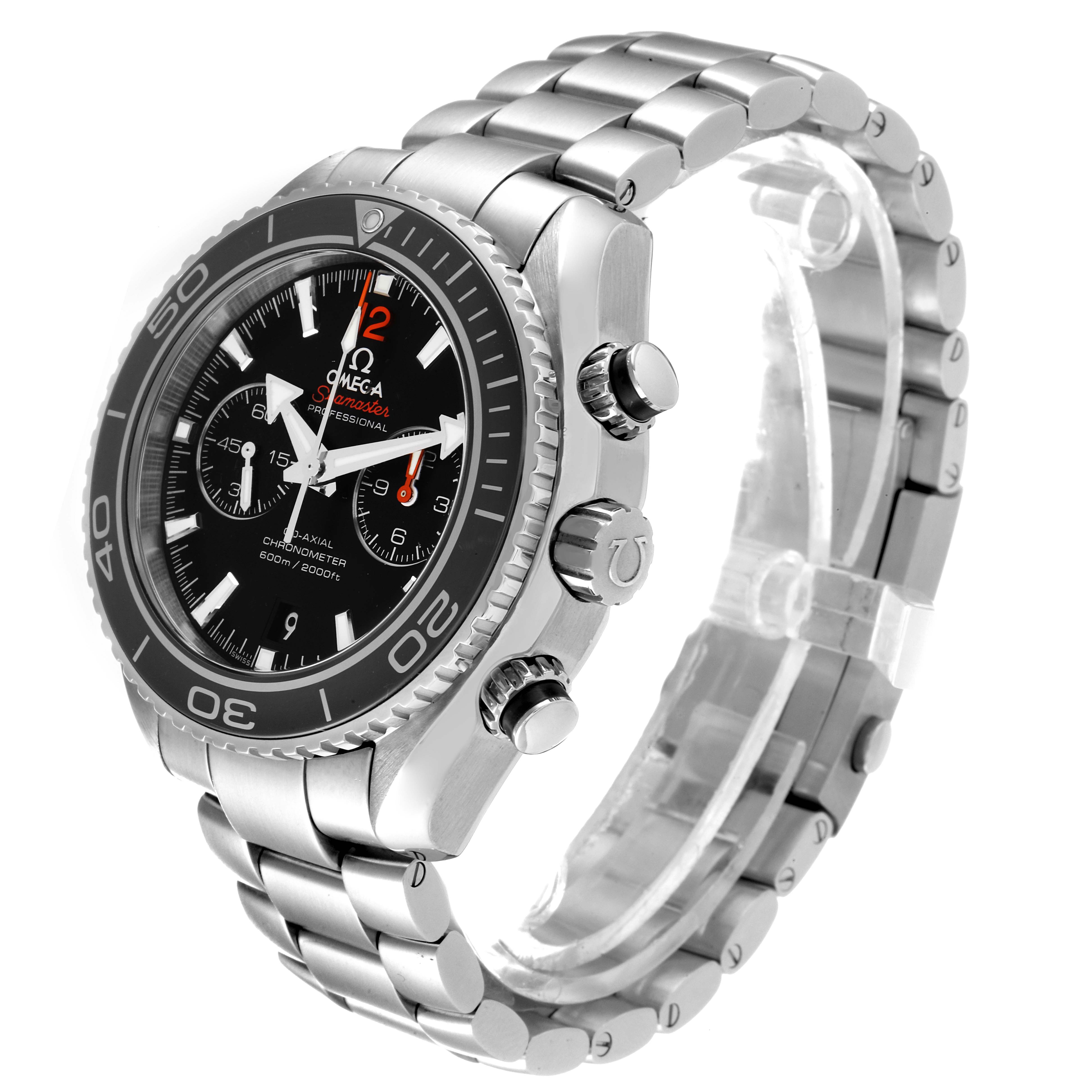 The Omega Planet Ocean 232.30.46.51.01.003 Men
s Stainless Steel Black Dial 232.30.46.51.01.003 Men
s Stainless Steel Black Dial watch is shown at a three-quarter angle, highlighting its black dial, chronograph buttons, and stainless steel bracelet.