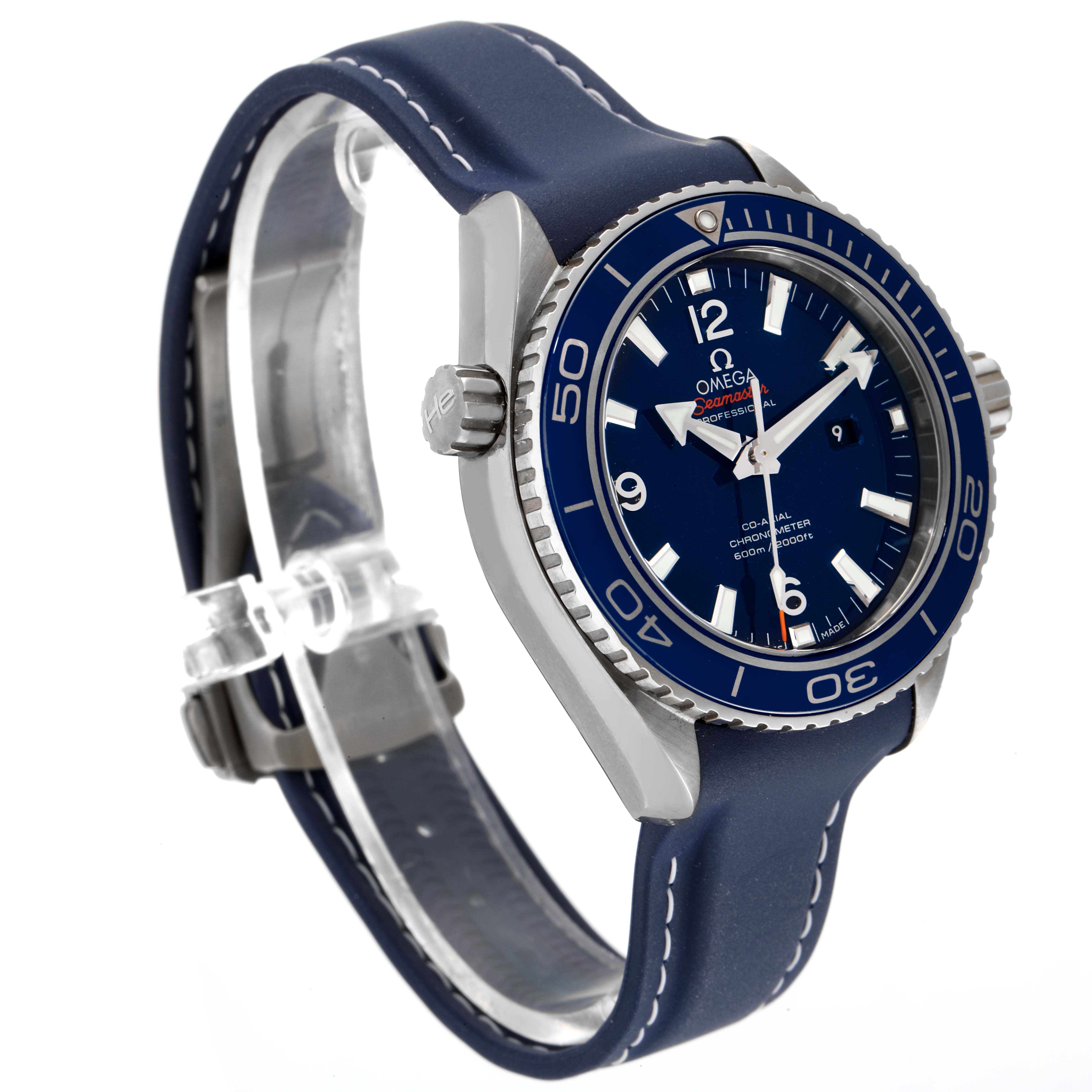The image shows an angled side view of the Omega Planet Ocean 232.92.38.20.03.001 Men's Titanium Blue Dial 232.92.38.20.03.001 Men's Titanium Blue Dial model, displaying the blue dial, bezel, crown, and strap.