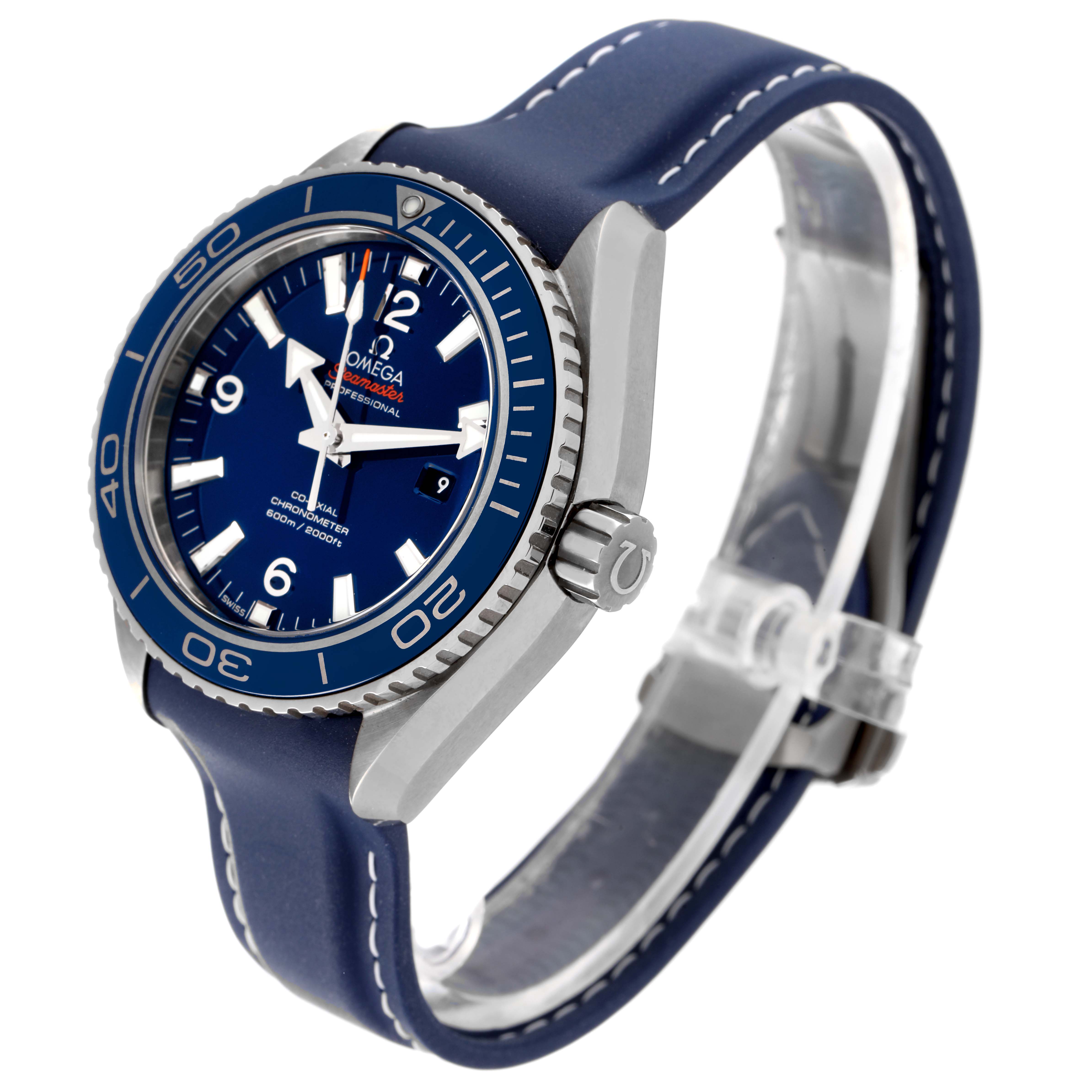 The Omega Planet Ocean 232.92.38.20.03.001 Men's Titanium Blue Dial 232.92.38.20.03.001 Men's Titanium Blue Dial watch is shown at an angle highlighting its blue dial, bezel, and strap.