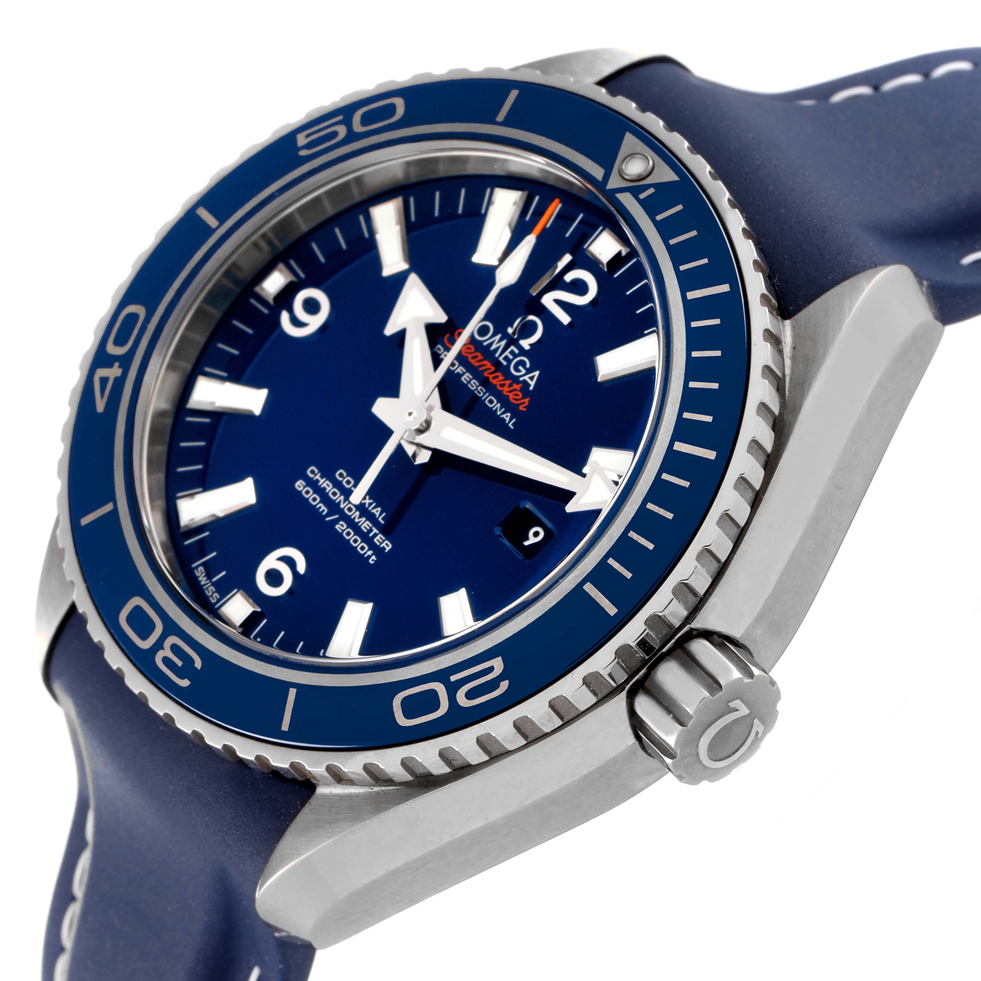 The Omega Planet Ocean 232.92.38.20.03.001 Men's Titanium Blue Dial 232.92.38.20.03.001 Men's Titanium Blue Dial watch is shown at an angled close-up, highlighting the bezel, dial, and crown on the right side.