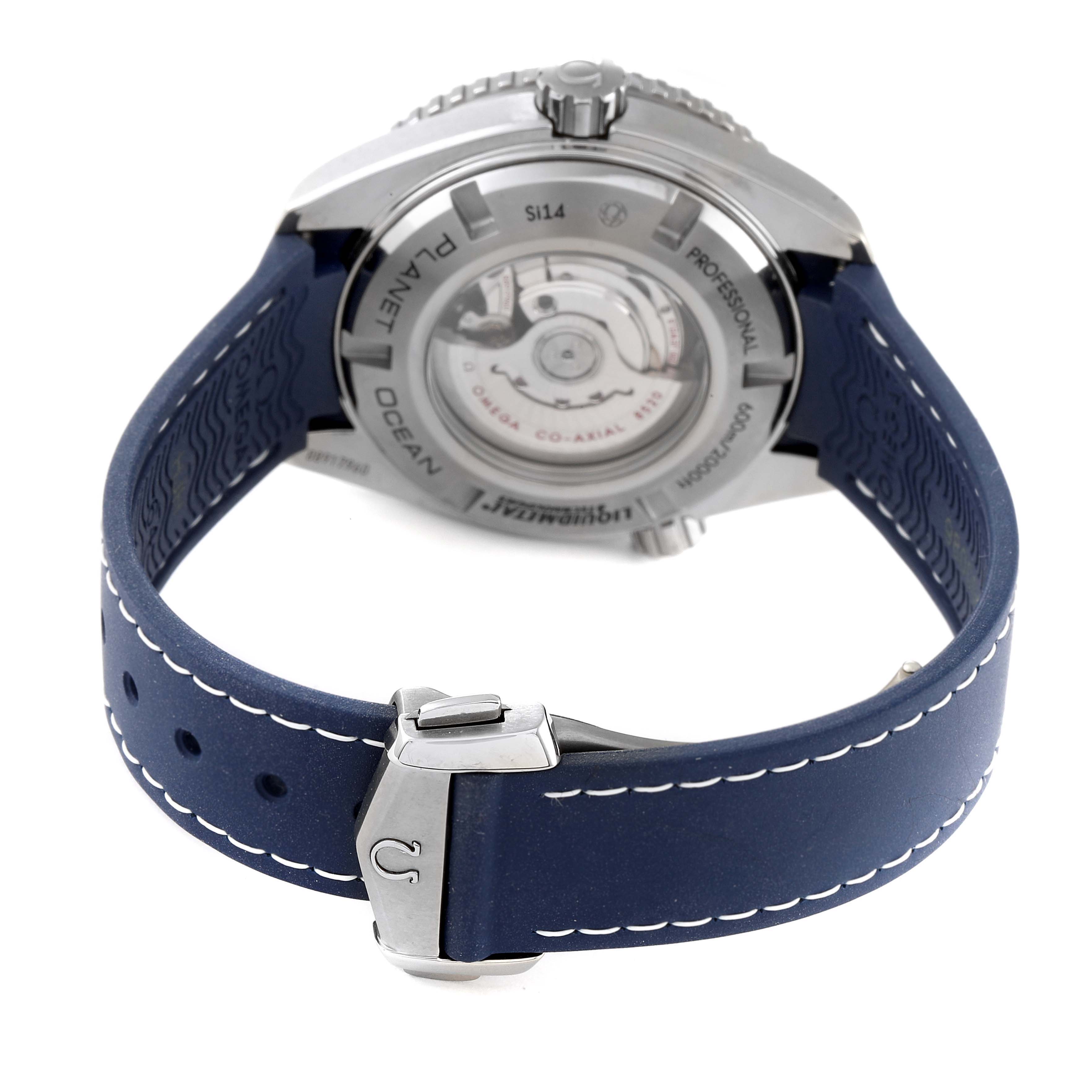 The image shows the back view of an Omega Planet Ocean 232.92.38.20.03.001 Men's Titanium Blue Dial 232.92.38.20.03.001 Men's Titanium Blue Dial watch, highlighting its clasp, case back, and movement.