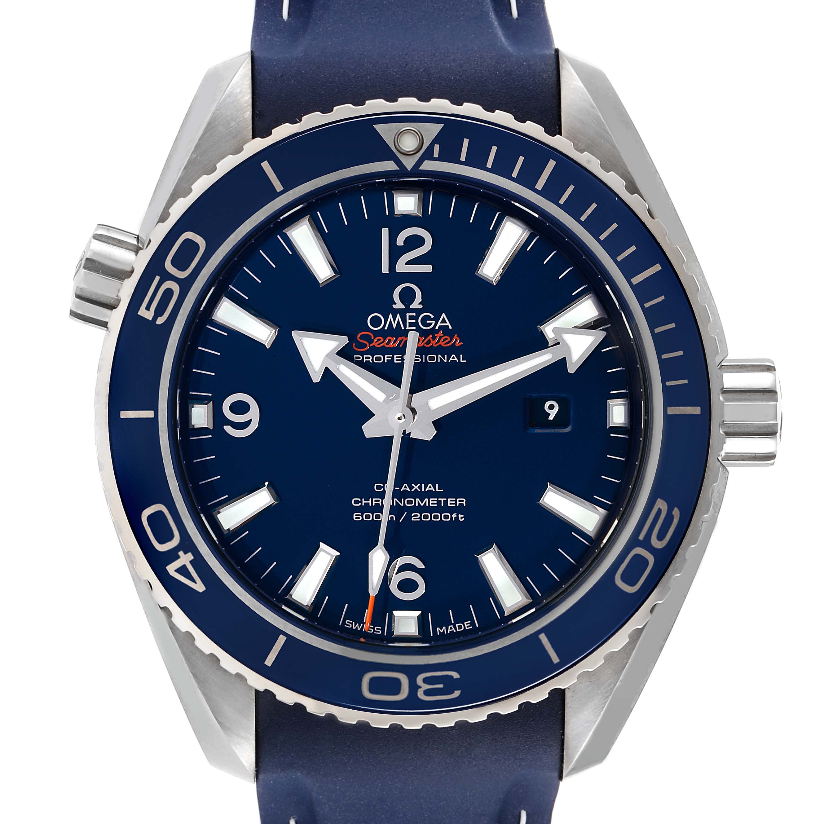 The image shows a front view of the Omega Seamaster Planet Ocean watch with a blue dial and bezel, and a visible crown.
