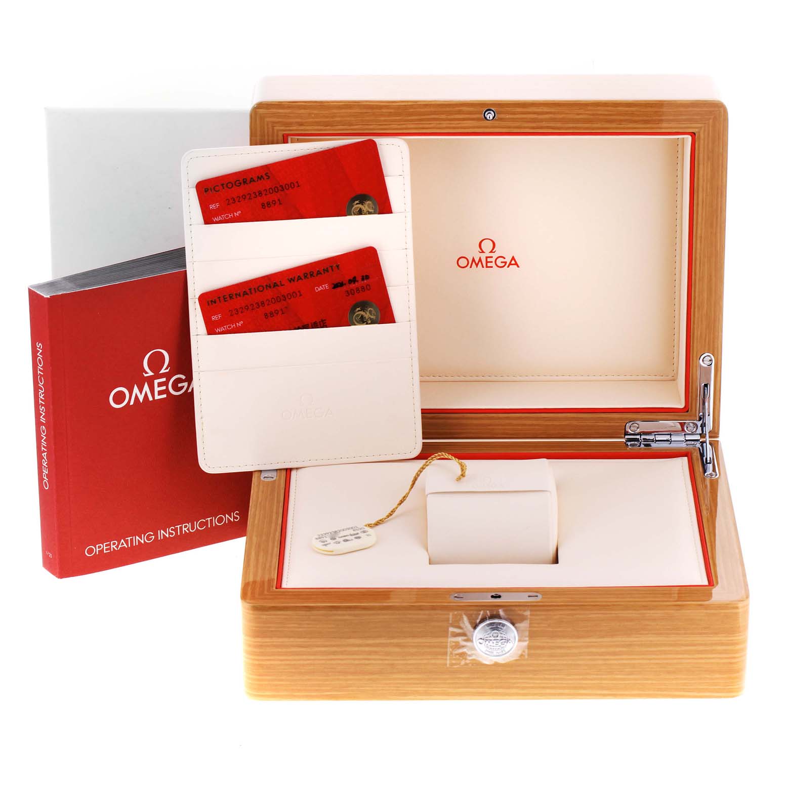 The Omega Planet Ocean 232.92.38.20.03.001 Men's Titanium Blue Dial 232.92.38.20.03.001 Men's Titanium Blue Dial packaging is shown at an angle, featuring a wooden box, certificates, and operating instructions.