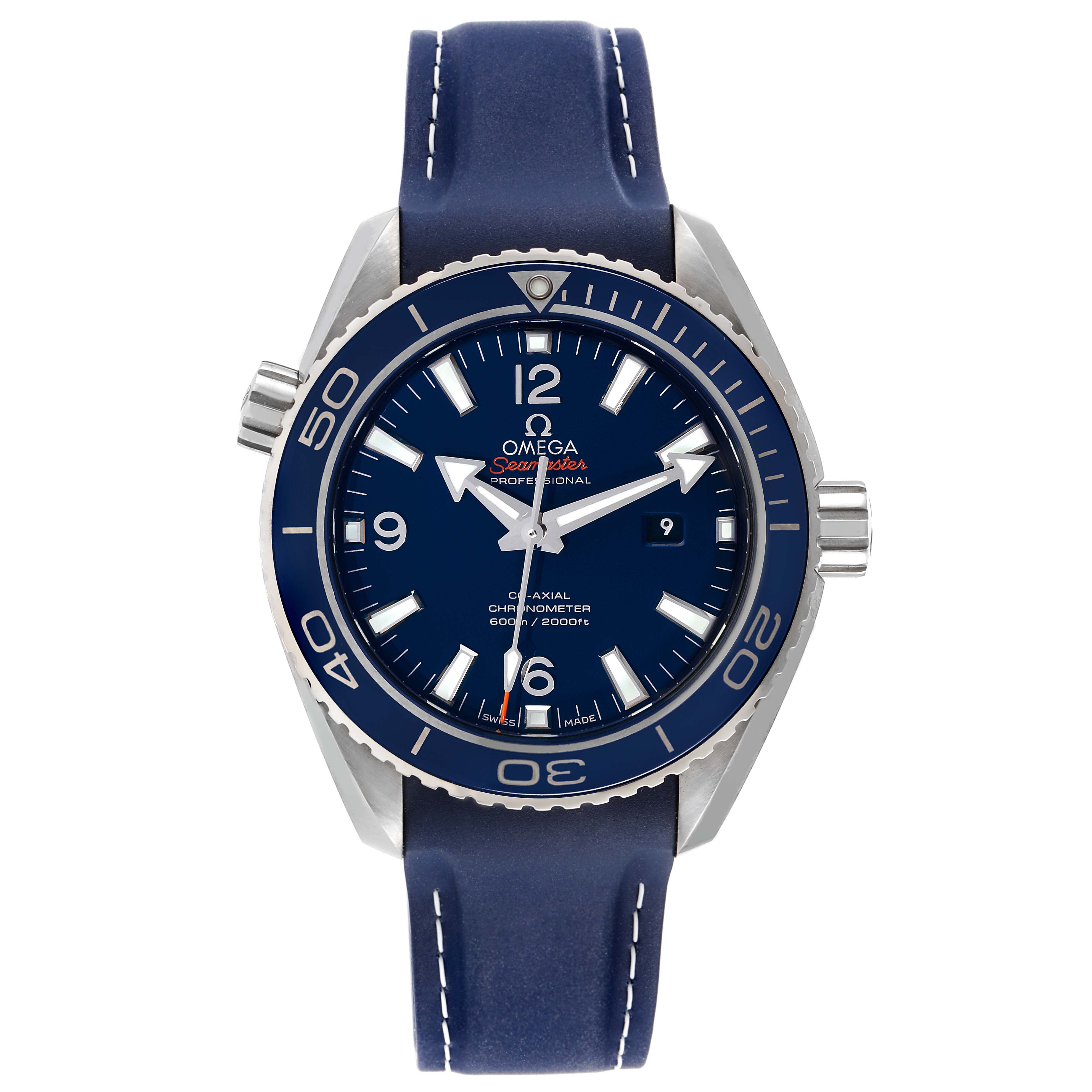 The Omega Planet Ocean 232.92.38.20.03.001 Men's Titanium Blue Dial 232.92.38.20.03.001 Men's Titanium Blue Dial watch is shown from a front angle, featuring its blue dial, bezel, and leather strap.