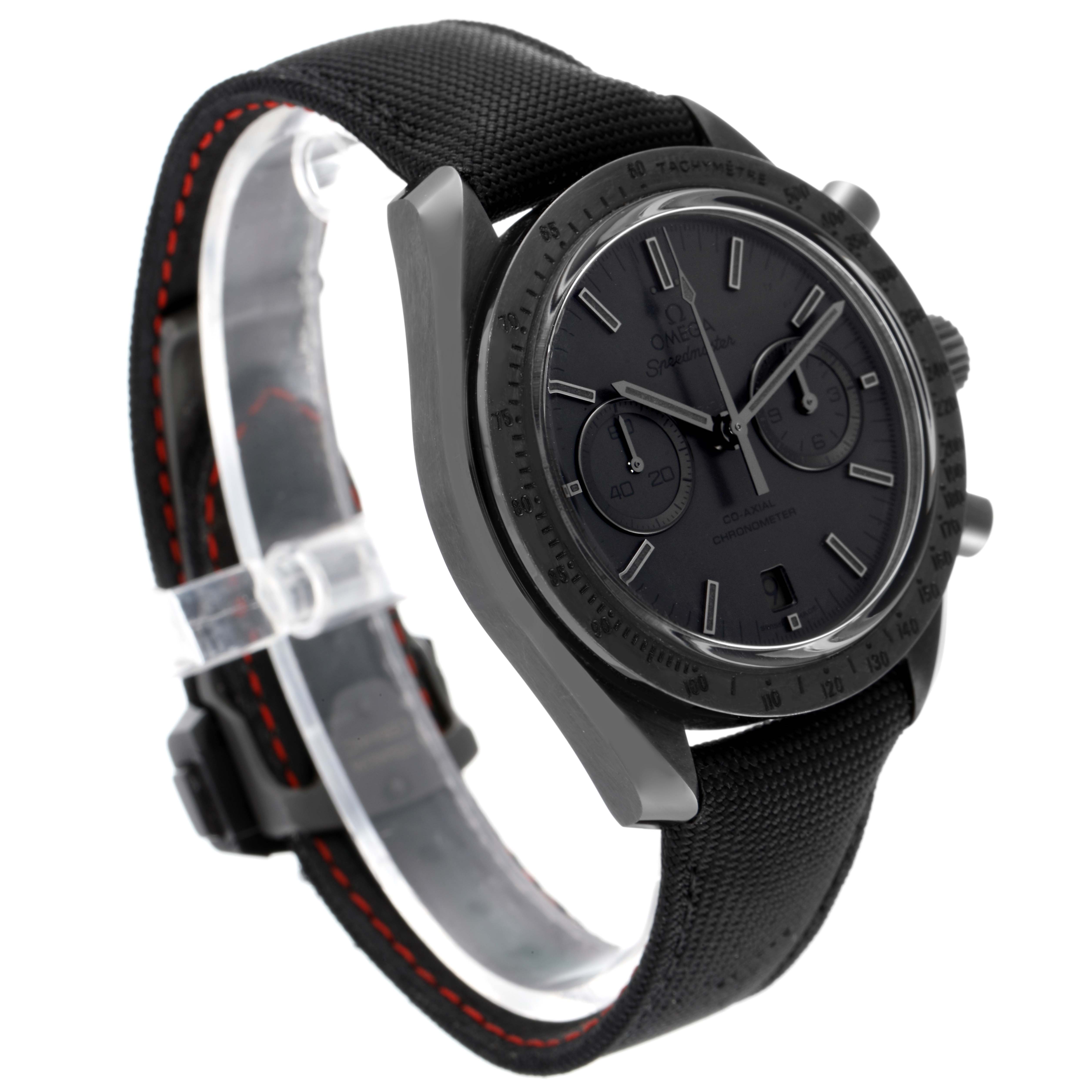 The image shows a side perspective of the Omega Speedmaster 311.92.44.51.01.005 Men's Ceramic Black Dial 311.92.44.51.01.005 Men's Ceramic Black Dial watch, highlighting its face, case, and strap.