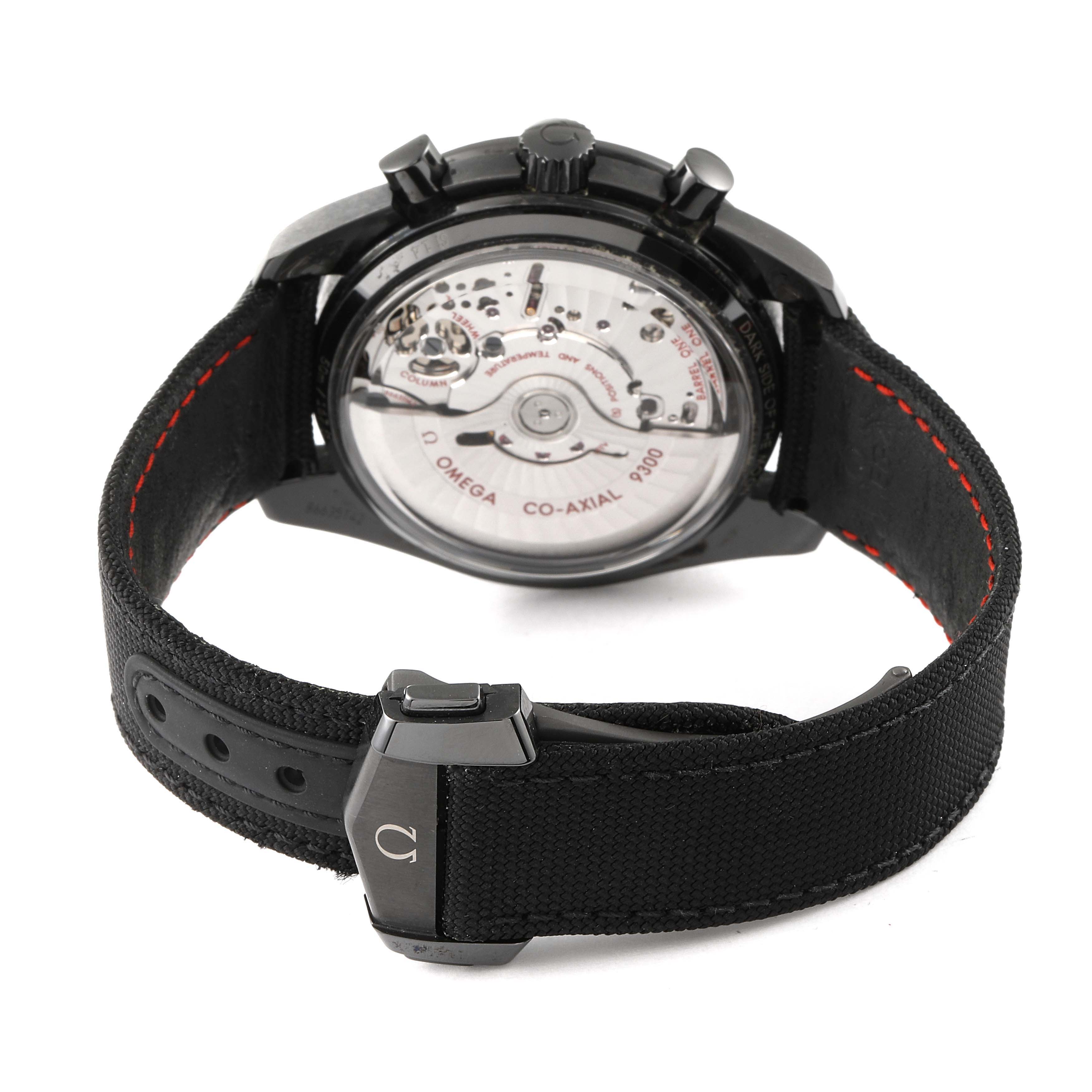 The Omega Speedmaster 311.92.44.51.01.005 Men's Ceramic Black Dial 311.92.44.51.01.005 Men's Ceramic Black Dial watch is shown from the back, displaying the movement and clasp with black strap detail.