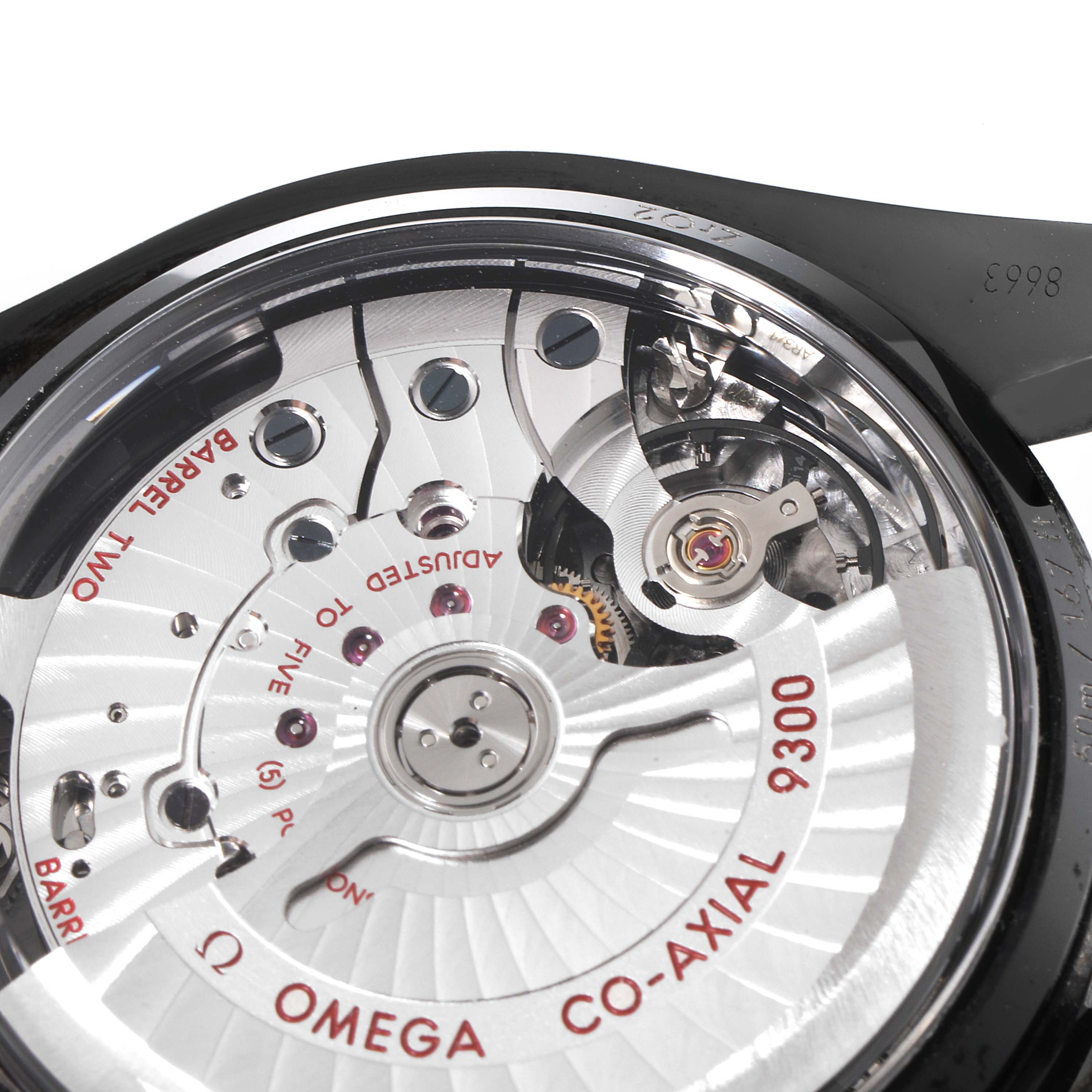 This image shows the back view of an Omega Speedmaster 311.92.44.51.01.005 Men's Ceramic Black Dial 311.92.44.51.01.005 Men's Ceramic Black Dial, highlighting the movement and internal mechanism.