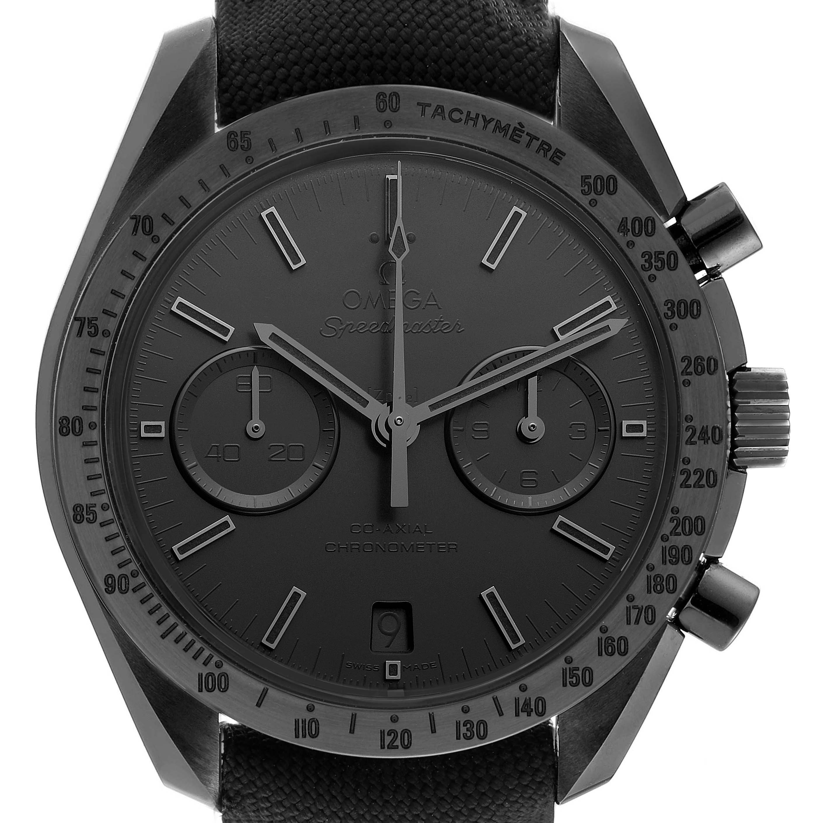 The image shows a front angle of the Omega Speedmaster 311.92.44.51.01.005 Men's Ceramic Black Dial 311.92.44.51.01.005 Men's Ceramic Black Dial watch, highlighting the dial, subdials, and tachymeter bezel.