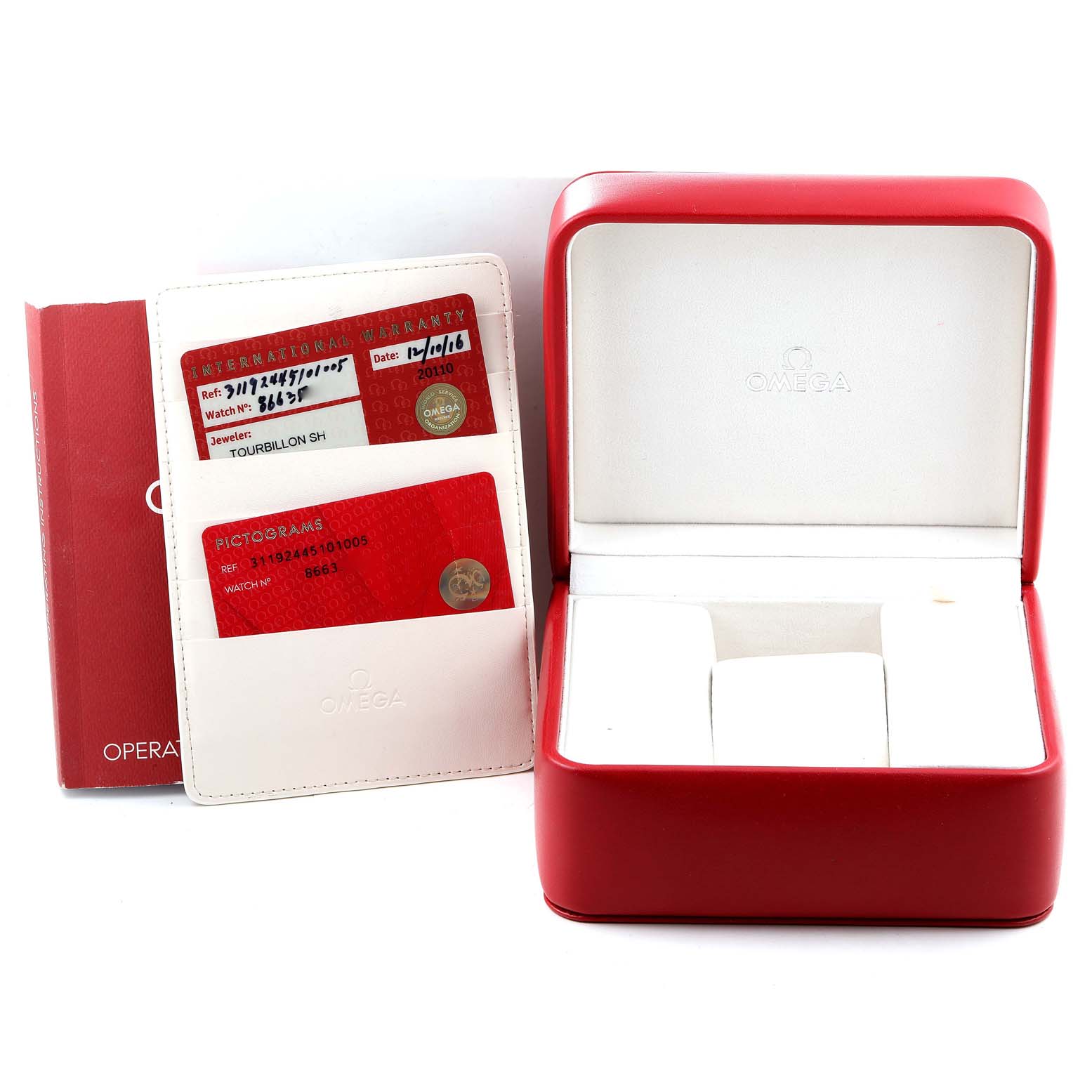 This image shows the Omega Speedmaster 311.92.44.51.01.005 Men's Ceramic Black Dial 311.92.44.51.01.005 Men's Ceramic Black Dial watch accessories, including the warranty cards, user manual, and an open red watch box.