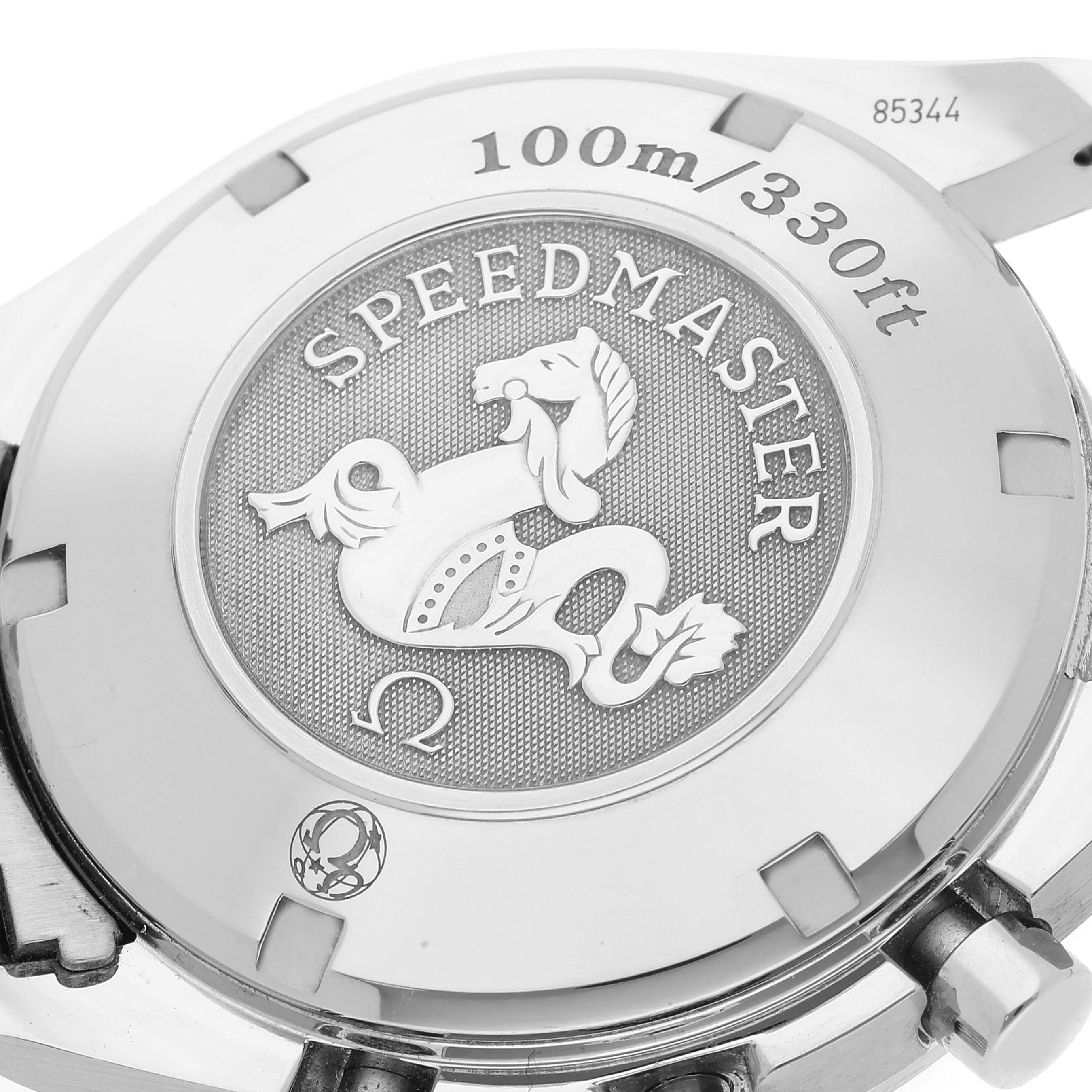 This is the back view of an Omega Speedmaster 3210.52.00 Men
s Stainless Steel Black Dial 3210.52.00 Men
s Stainless Steel Black Dial watch, displaying its engraved back cover and water resistance details.