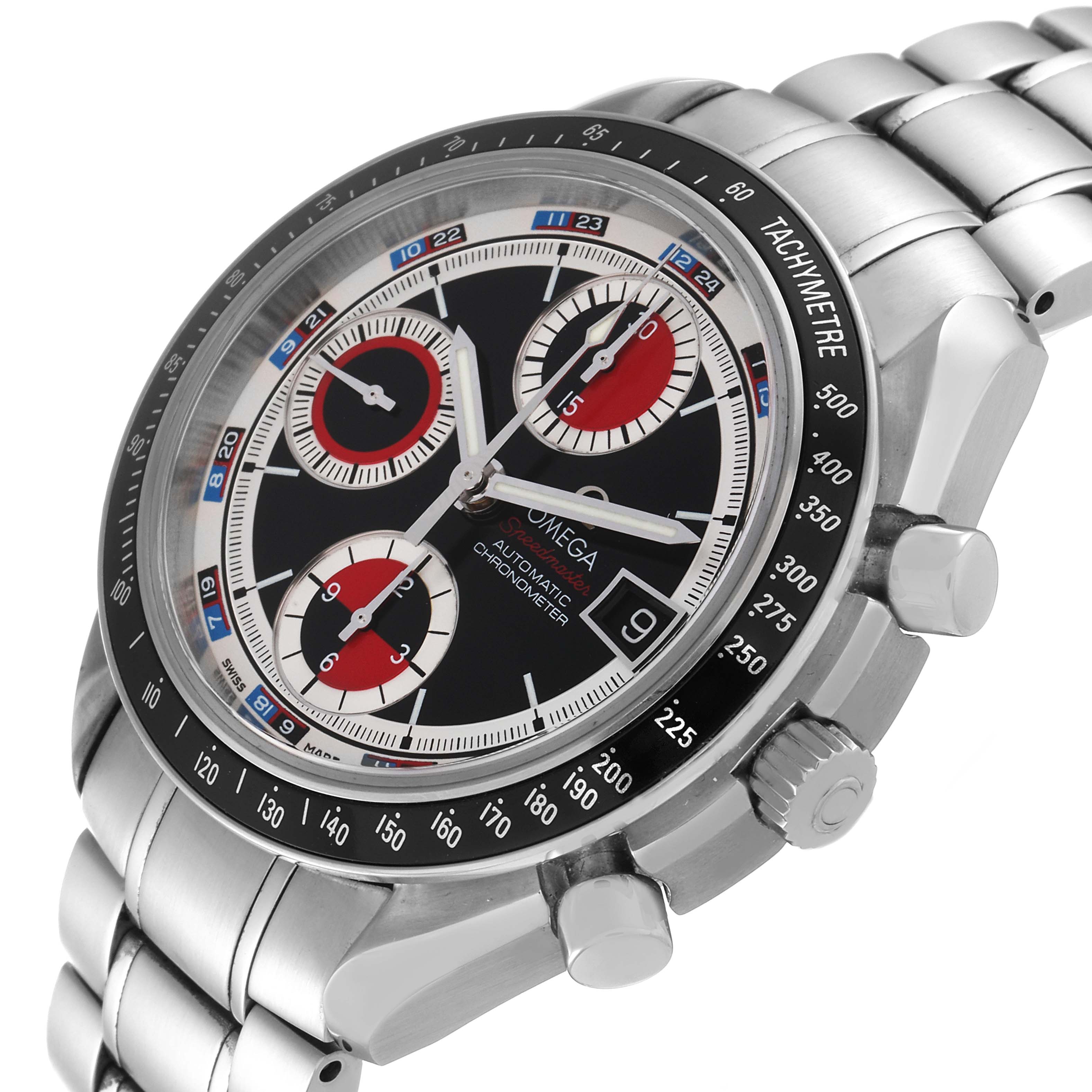 This image shows an angled view of the Omega Speedmaster 3210.52.00 Men
s Stainless Steel Black Dial 3210.52.00 Men
s Stainless Steel Black Dial watch, highlighting its face, bezel, crown, and part of its metal bracelet.