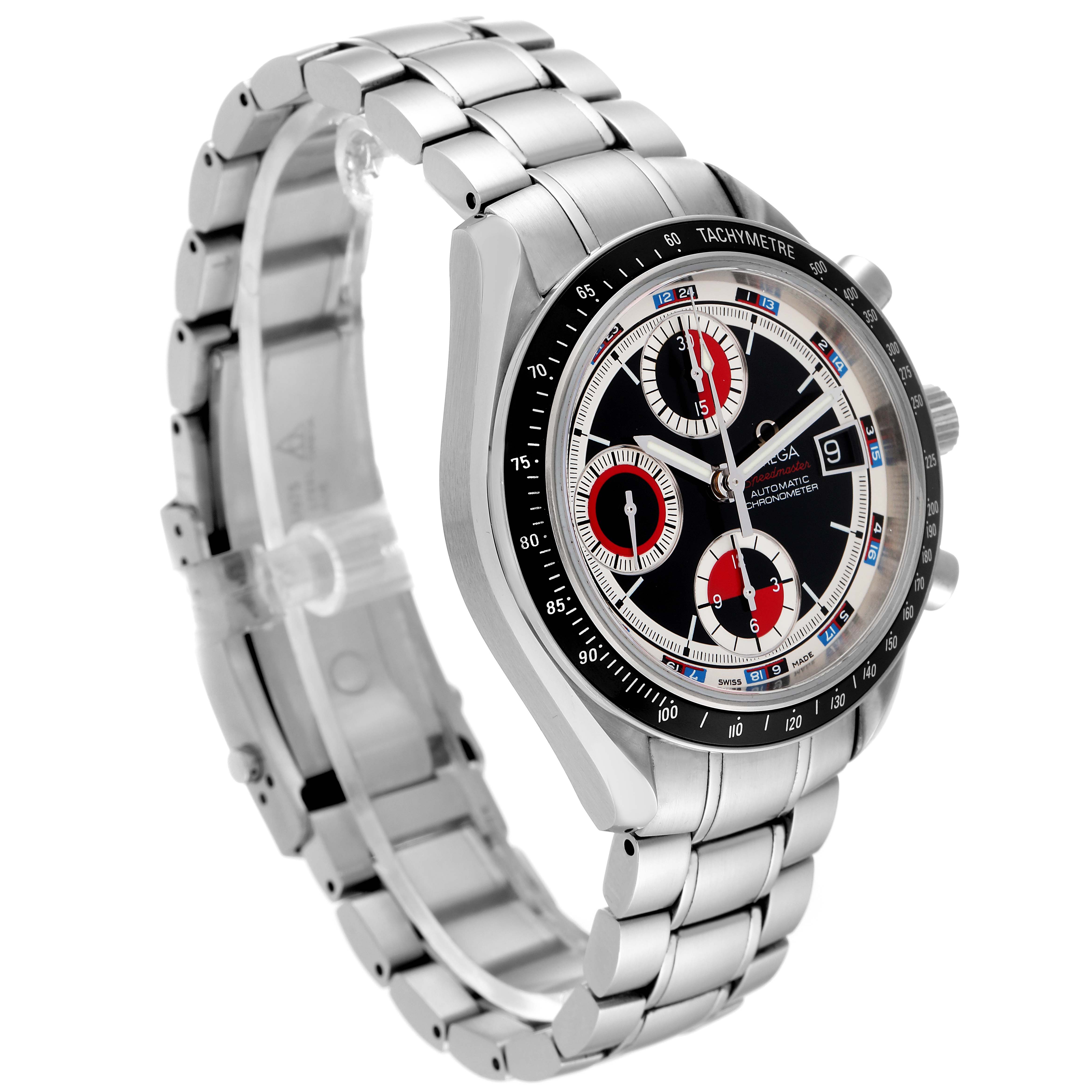 The Omega Speedmaster 3210.52.00 Men
s Stainless Steel Black Dial 3210.52.00 Men
s Stainless Steel Black Dial is shown at a three-quarter front angle, displaying the dial, tachymeter bezel, and linked metal bracelet.