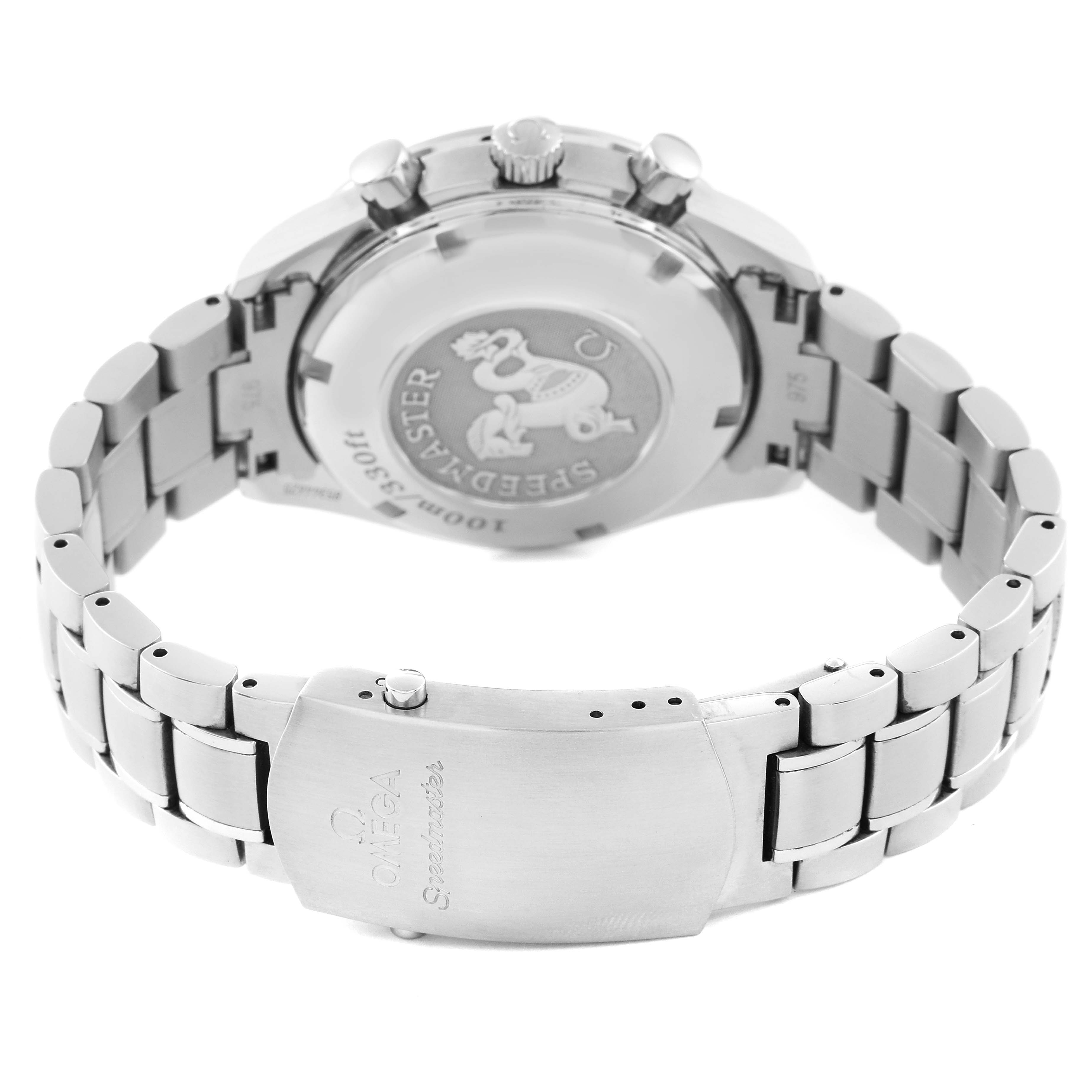 This image shows the back case, bracelet, and clasp of an Omega Speedmaster 3210.52.00 Men
s Stainless Steel Black Dial 3210.52.00 Men
s Stainless Steel Black Dial watch, angled to display the engravings and design details.