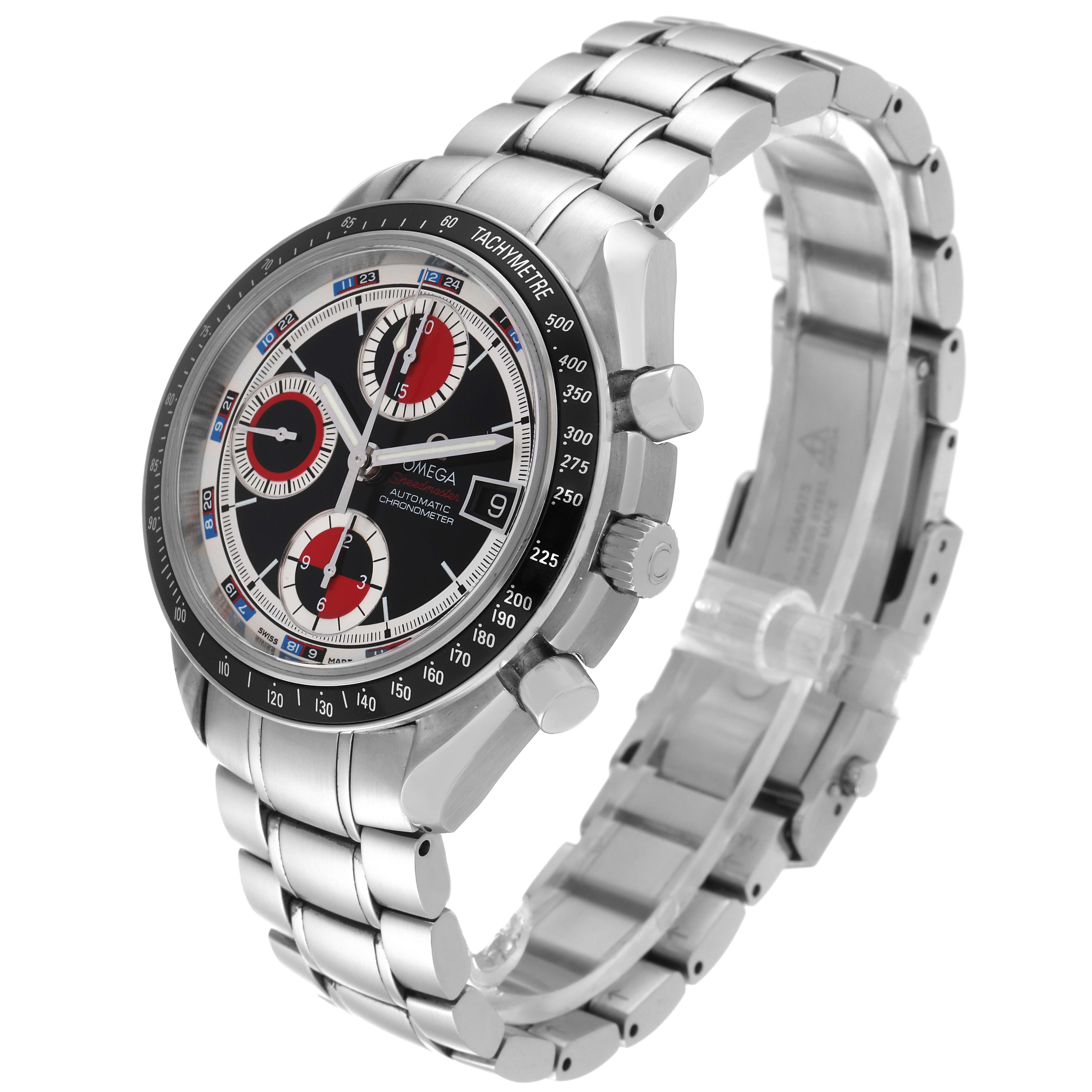 The image shows a side angle of an Omega Speedmaster 3210.52.00 Men
s Stainless Steel Black Dial 3210.52.00 Men
s Stainless Steel Black Dial watch, highlighting its face, bezel, and bracelet.