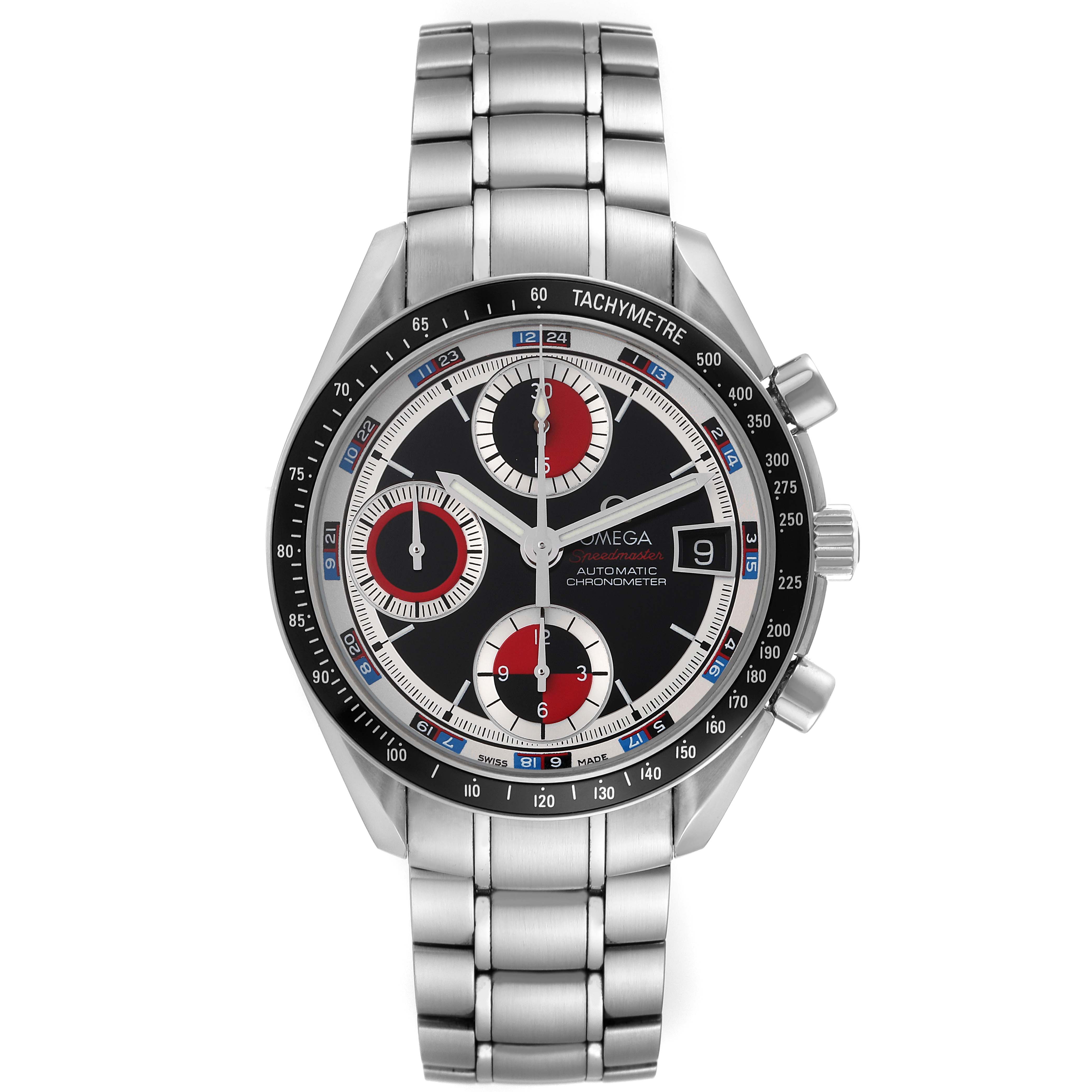 The image shows a front view of an Omega Speedmaster 3210.52.00 Men
s Stainless Steel Black Dial 3210.52.00 Men
s Stainless Steel Black Dial watch with its stainless steel bracelet and chronograph features.