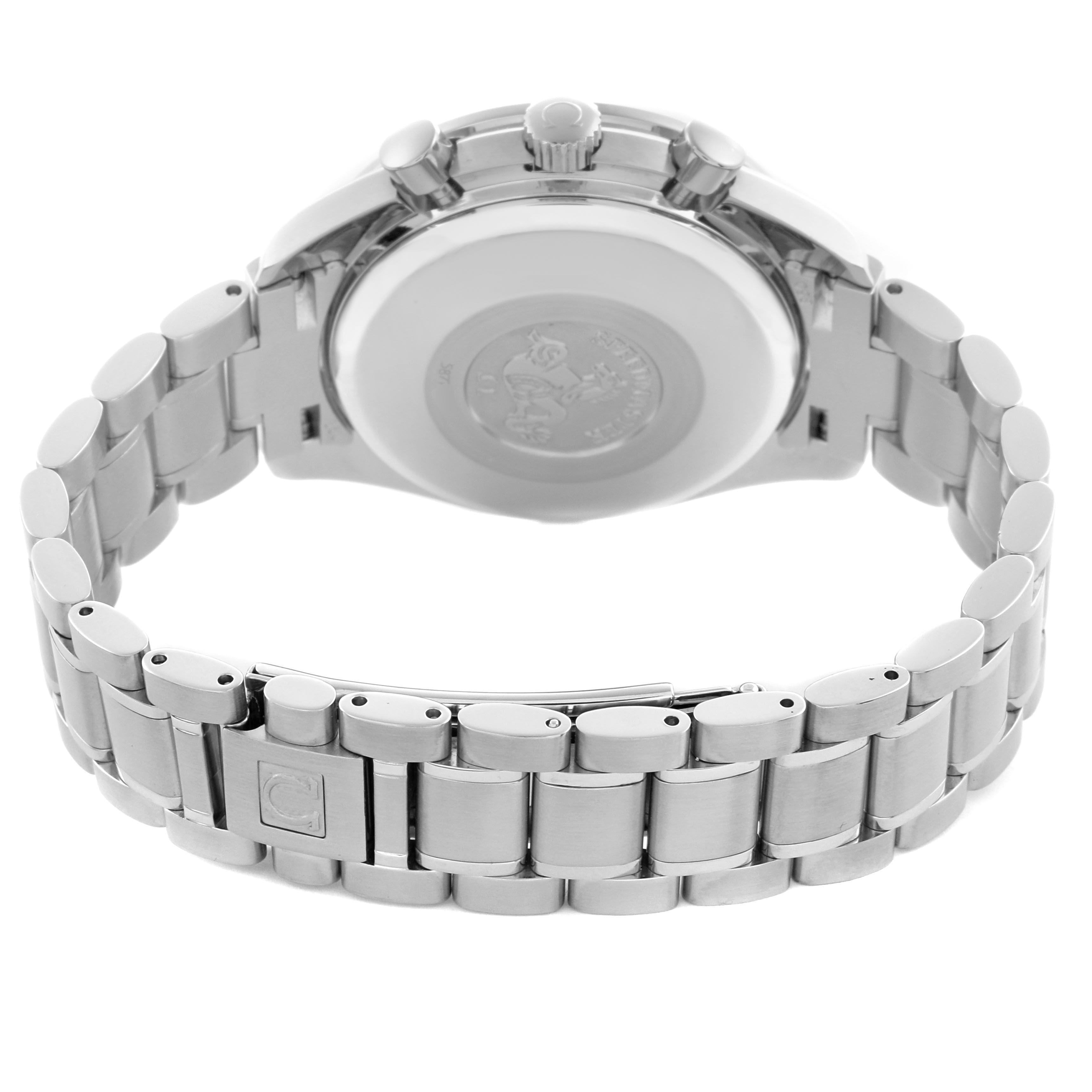 The image shows the back view of the Omega Speedmaster 3513.50.00 Men's Stainless Steel Black Dial 3513.50.00 Men's Stainless Steel Black Dial, highlighting the bracelet, clasp, and case back.