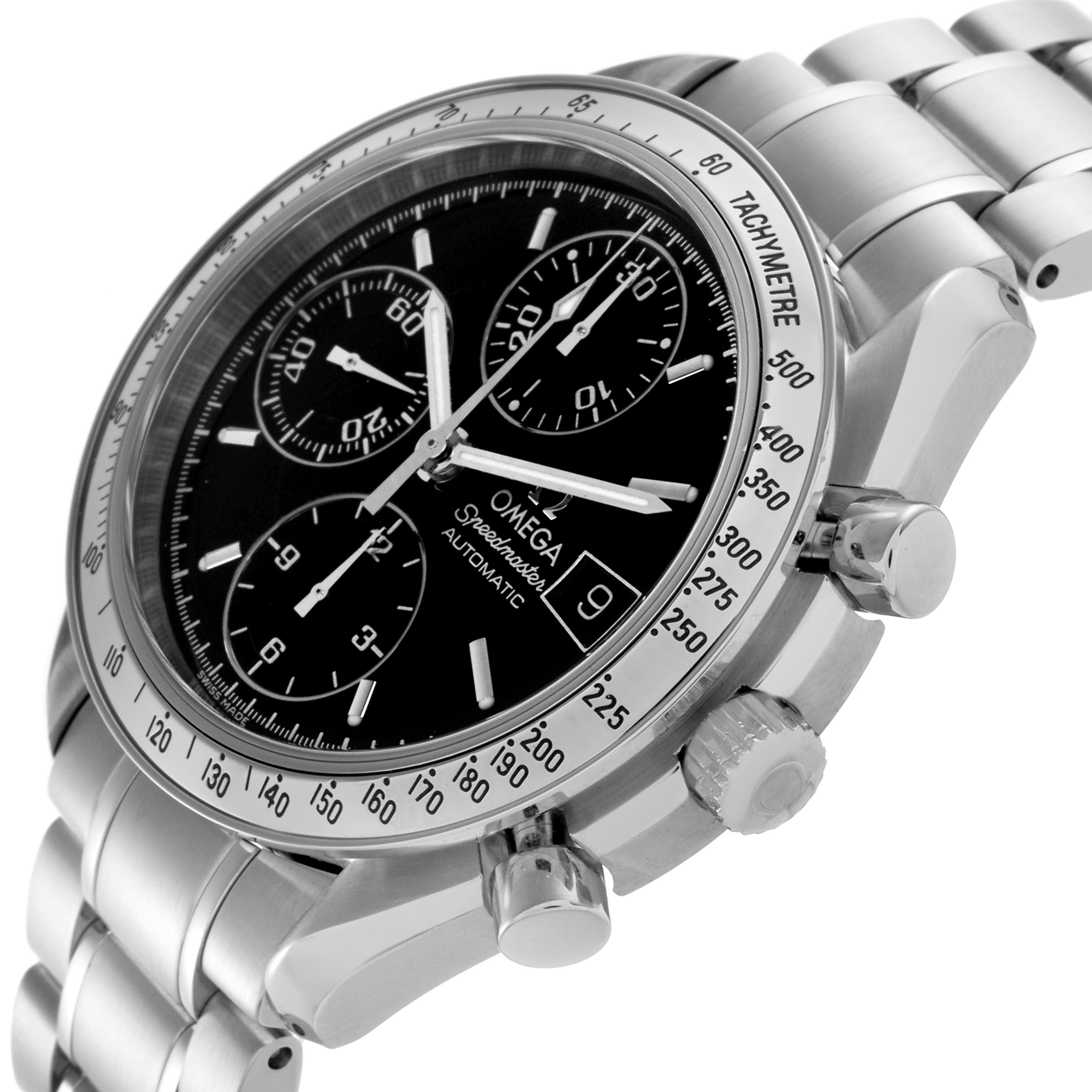 The Omega Speedmaster 3513.50.00 Men's Stainless Steel Black Dial 3513.50.00 Men's Stainless Steel Black Dial watch is shown at a side angle, highlighting the dial, bezel, pushers, crown, and bracelet.