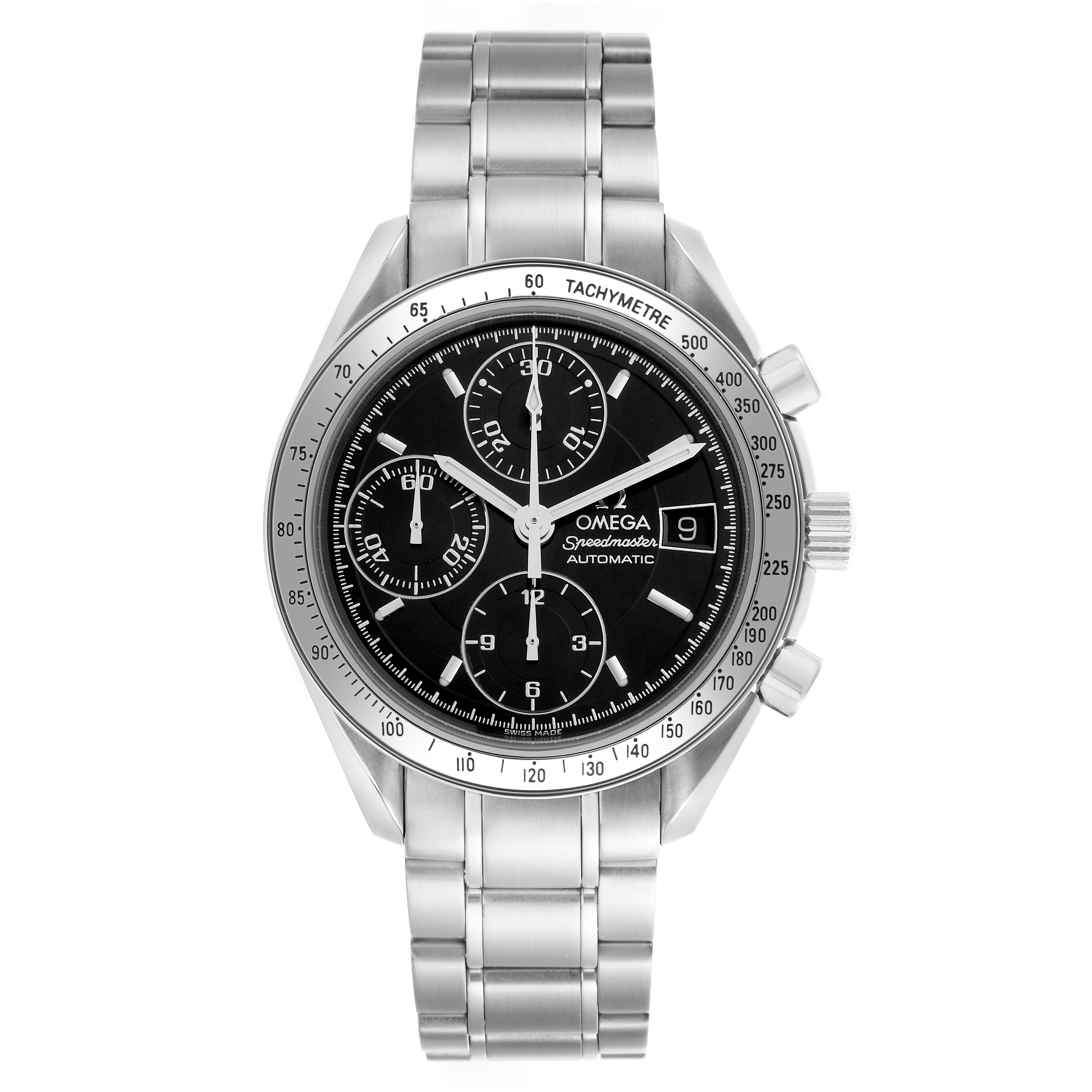 The Omega Speedmaster 3513.50.00 Men's Stainless Steel Black Dial 3513.50.00 Men's Stainless Steel Black Dial watch is shown from a front angle, displaying the dial, bezel, subdials, crown, and bracelet.