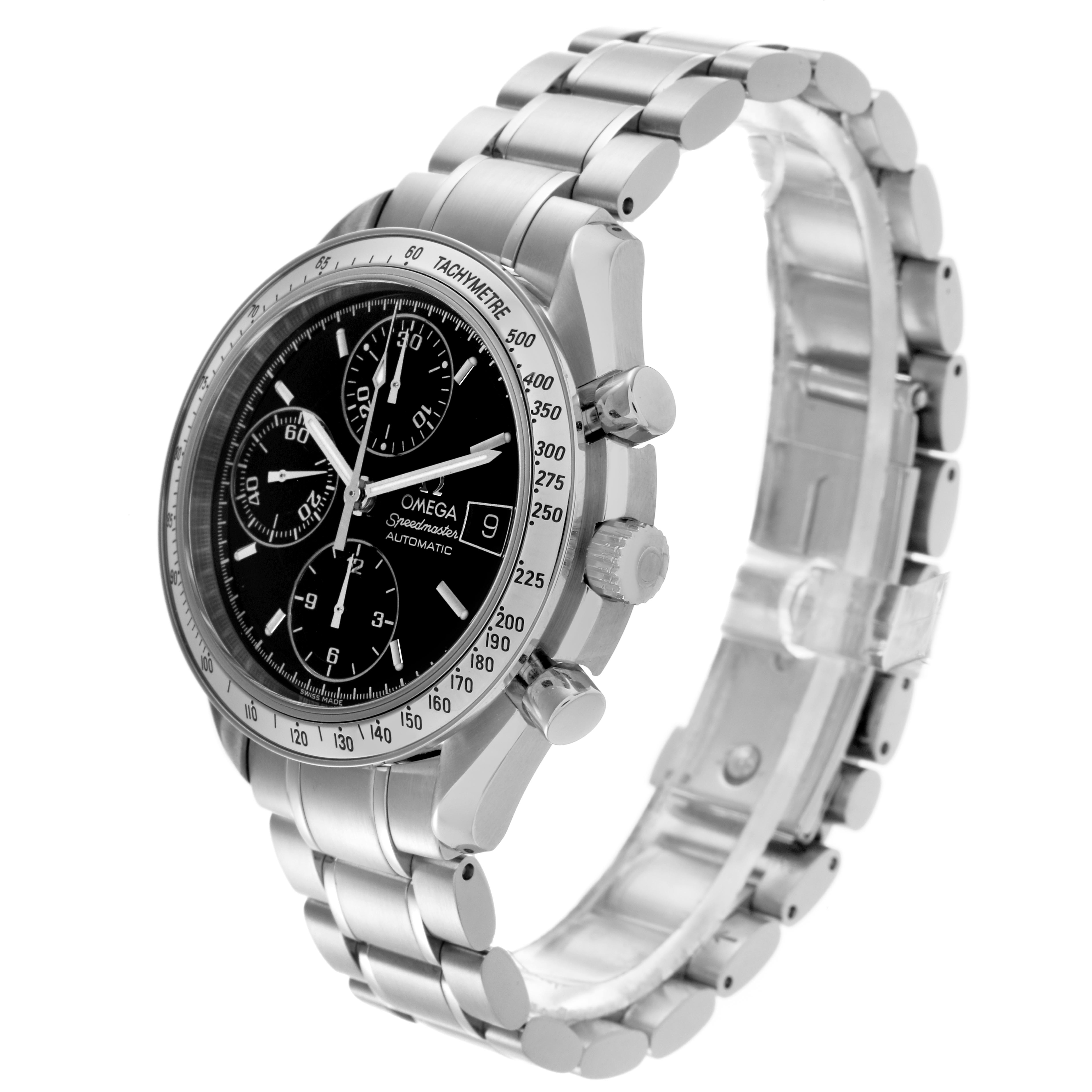 The Omega Speedmaster 3513.50.00 Men's Stainless Steel Black Dial 3513.50.00 Men's Stainless Steel Black Dial watch is shown at a three-quarter angle, highlighting the face, bezel, crown, and bracelet.
