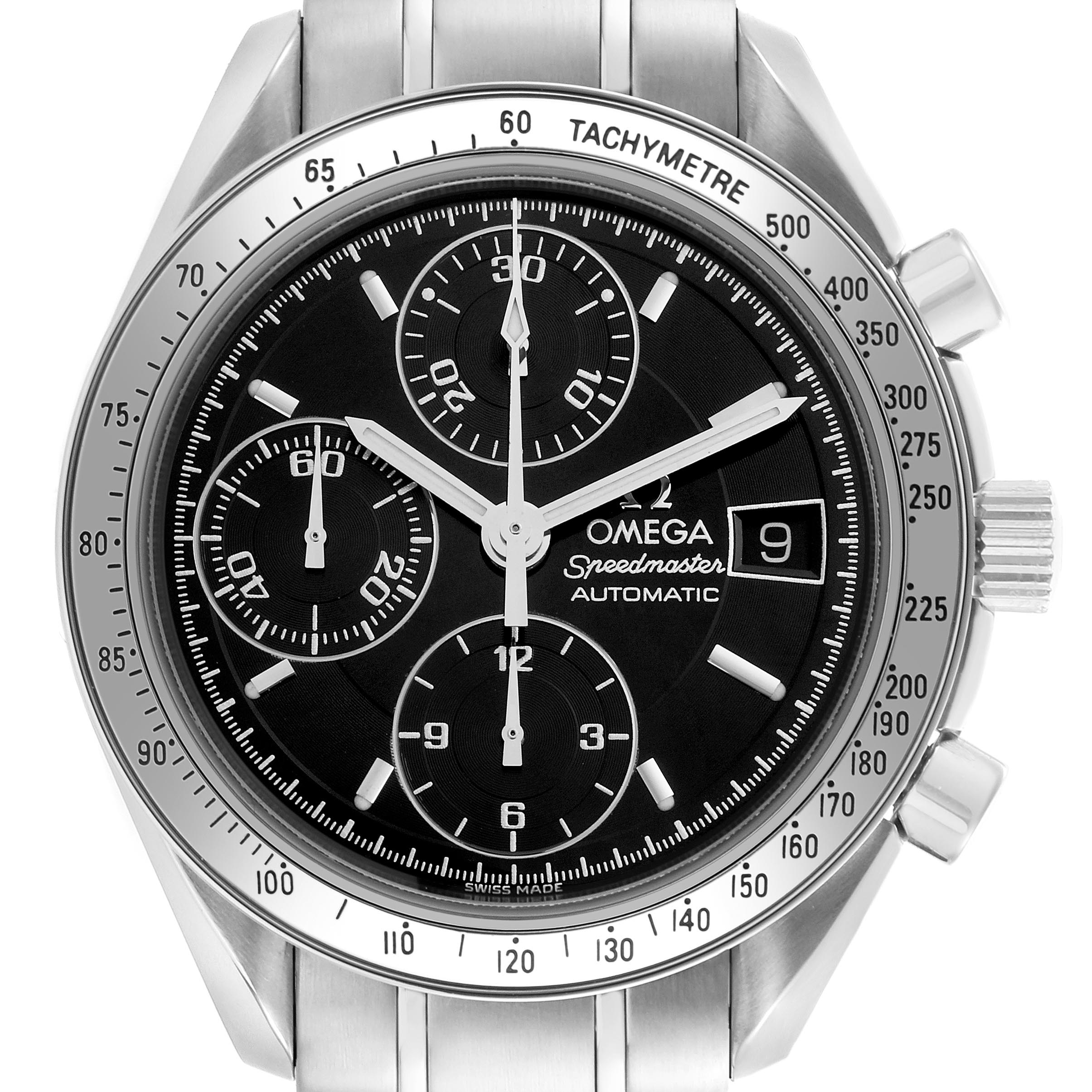 The image shows a frontal view of an Omega Speedmaster 3513.50.00 Men's Stainless Steel Black Dial 3513.50.00 Men's Stainless Steel Black Dial, highlighting the black dial, chronograph subdials, tachymeter bezel, and date window.