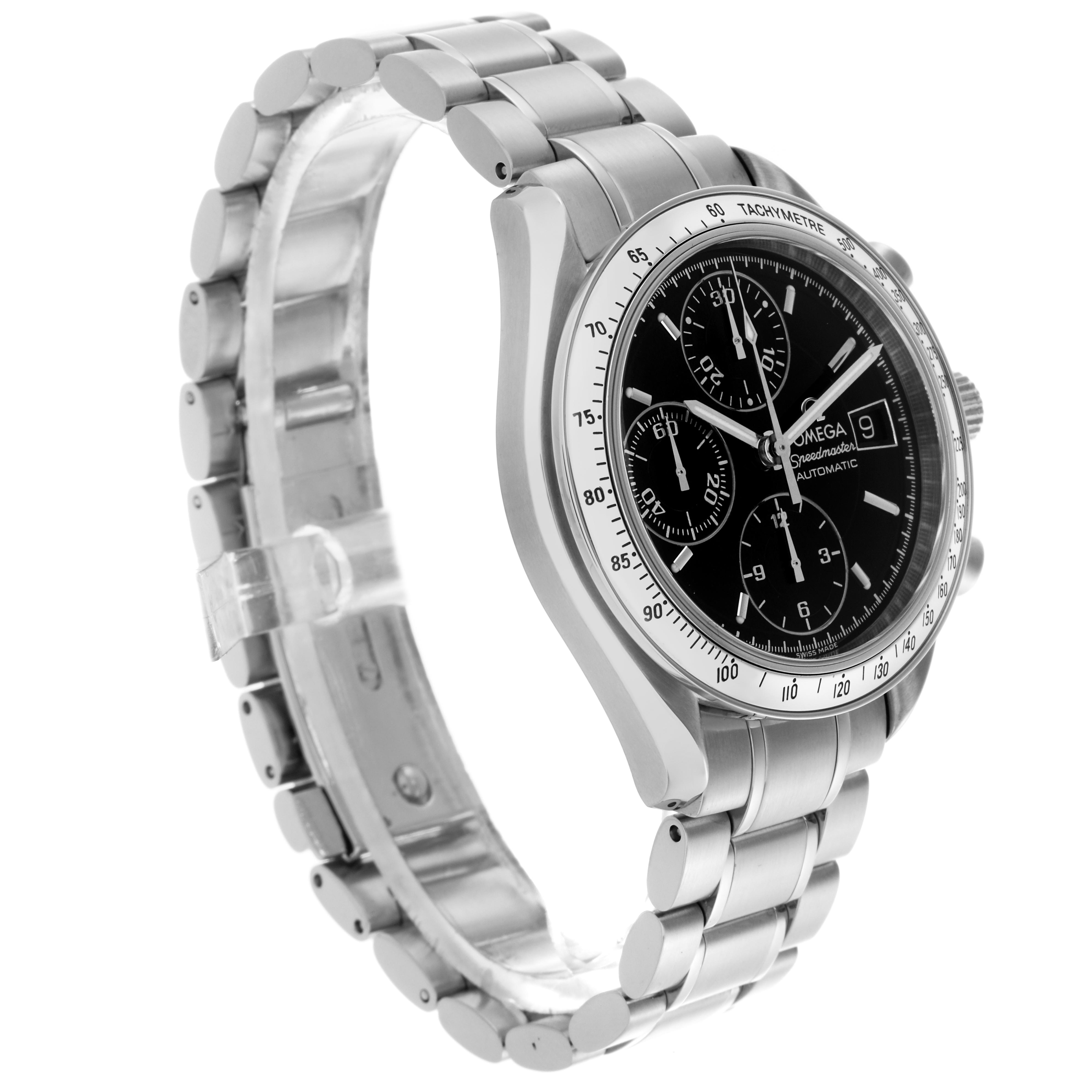 The Omega Speedmaster 3513.50.00 Men's Stainless Steel Black Dial 3513.50.00 Men's Stainless Steel Black Dial is shown at a three-quarter view, displaying the face, bezel, full bracelet, and clasp.