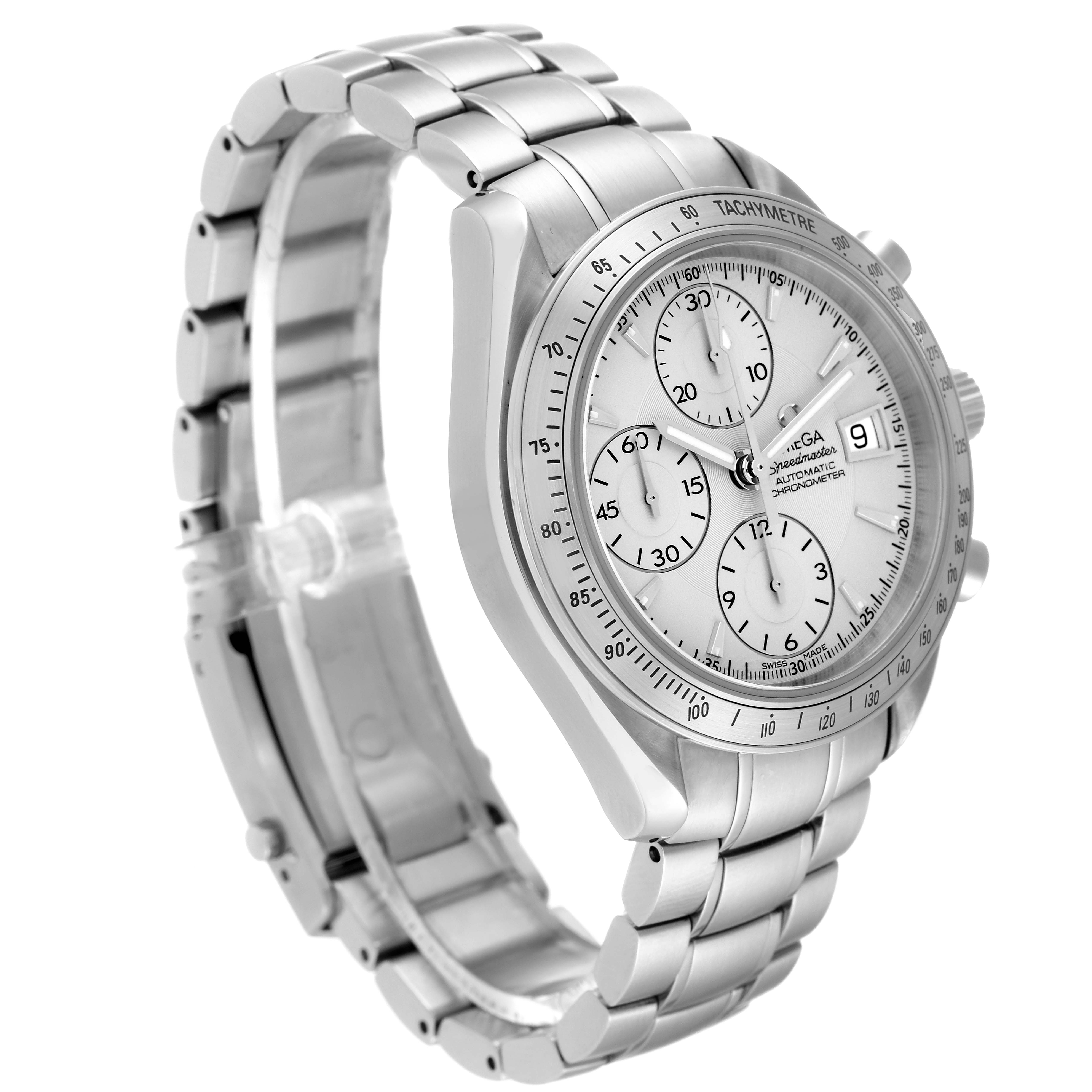 The Omega Speedmaster 3211.30.00 Men's Stainless Steel Silver Dial 3211.30.00 Men's Stainless Steel Silver Dial watch is shown in a tilted side view, highlighting its face, tachymeter, and metal bracelet.
