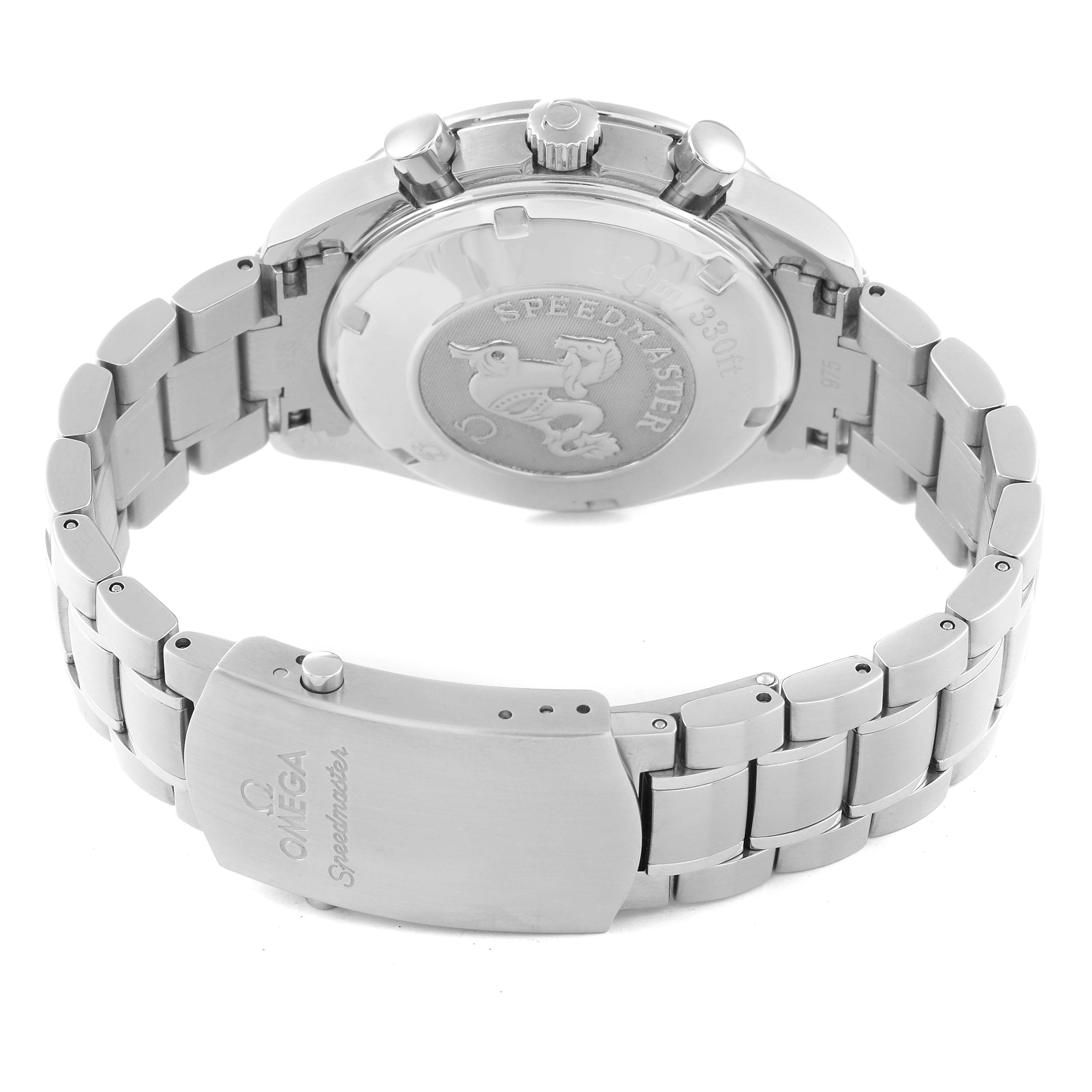 The image shows the back case and bracelet of an Omega Speedmaster 3211.30.00 Men's Stainless Steel Silver Dial 3211.30.00 Men's Stainless Steel Silver Dial watch from an overhead angle.