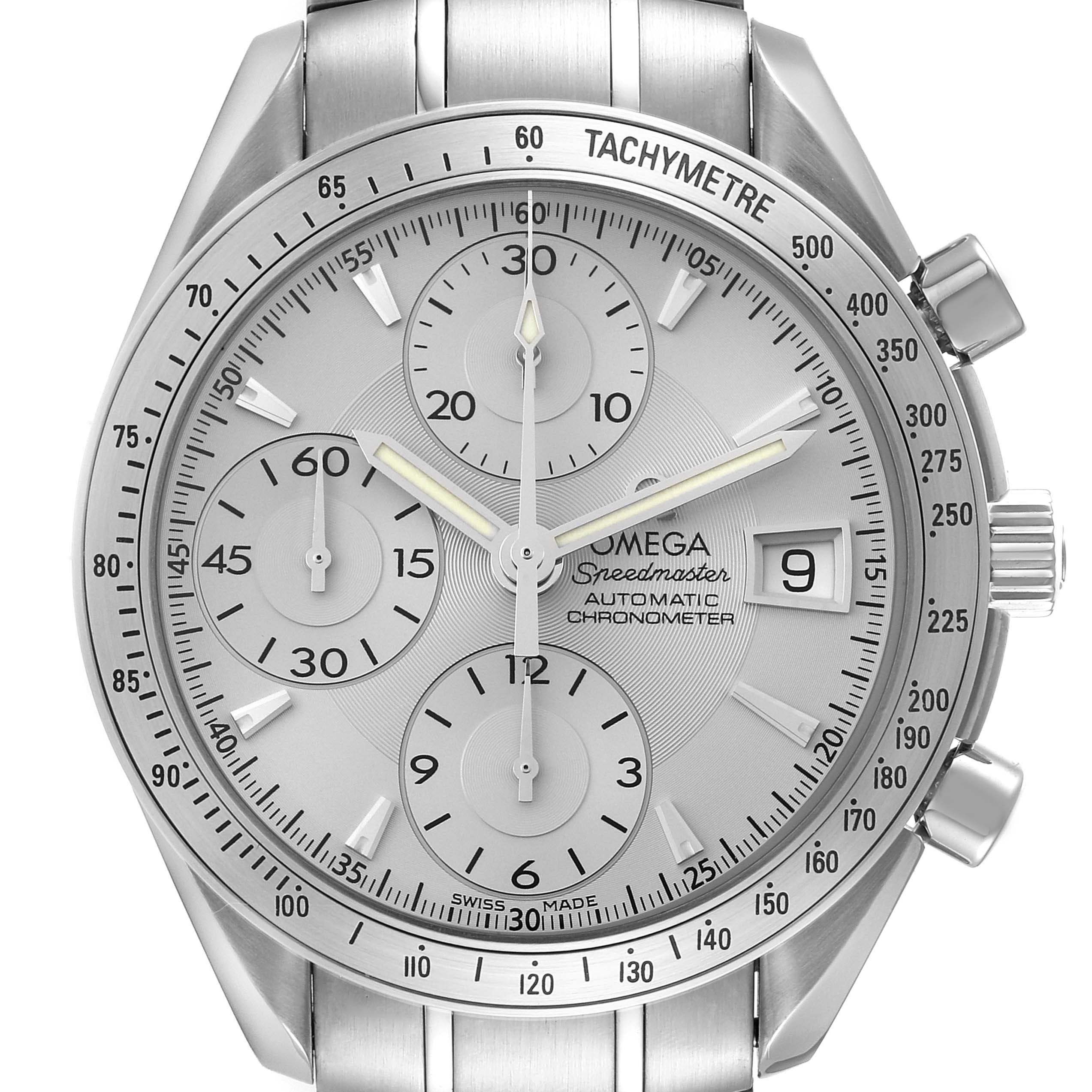 The image shows a front view of the Omega Speedmaster 3211.30.00 Men's Stainless Steel Silver Dial 3211.30.00 Men's Stainless Steel Silver Dial watch, highlighting its face, subdials, tachymeter bezel, and bracelet.