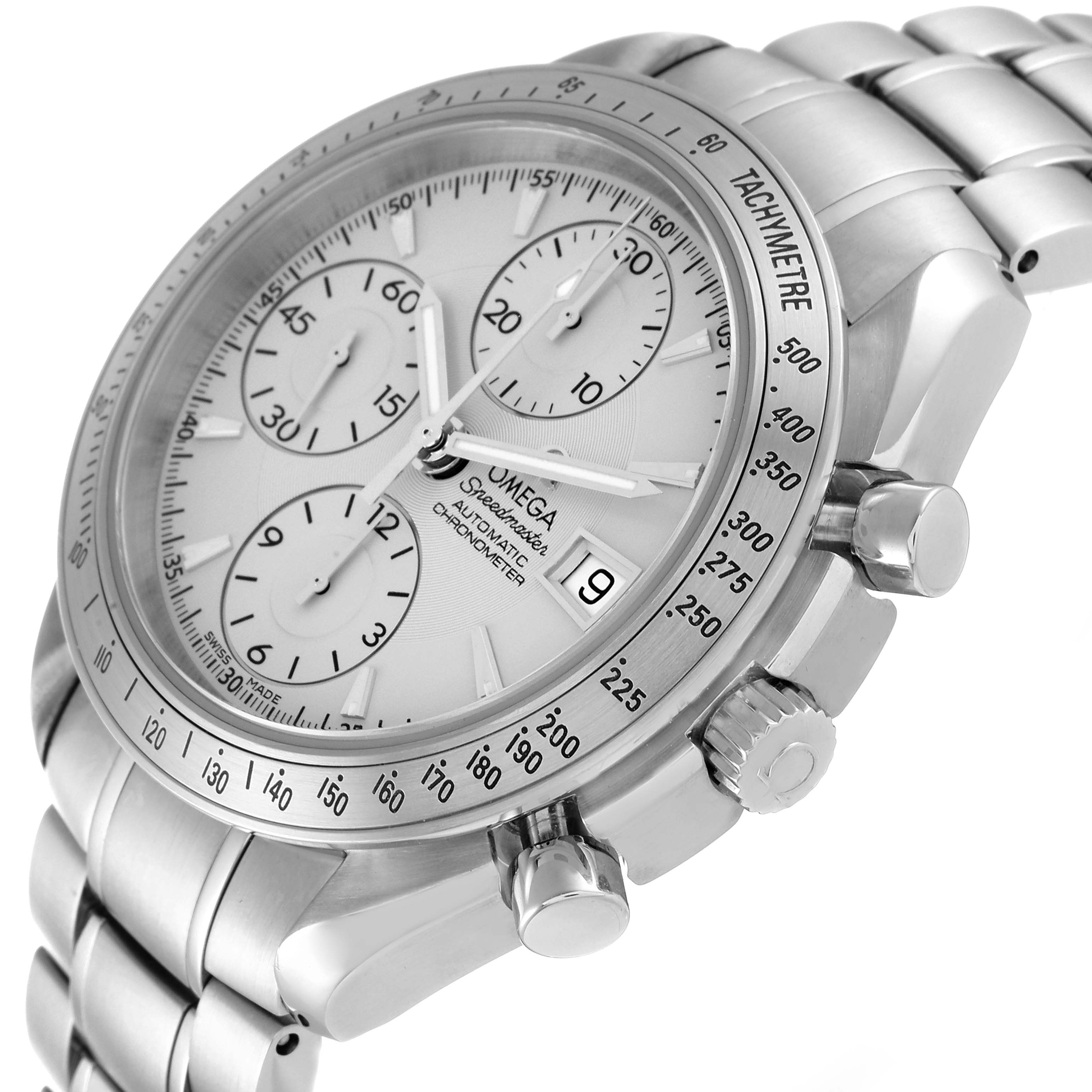 The image shows an angled view of an Omega Speedmaster 3211.30.00 Men's Stainless Steel Silver Dial 3211.30.00 Men's Stainless Steel Silver Dial watch, focusing on the dial, subdials, tachymetre scale, and stainless steel bracelet.