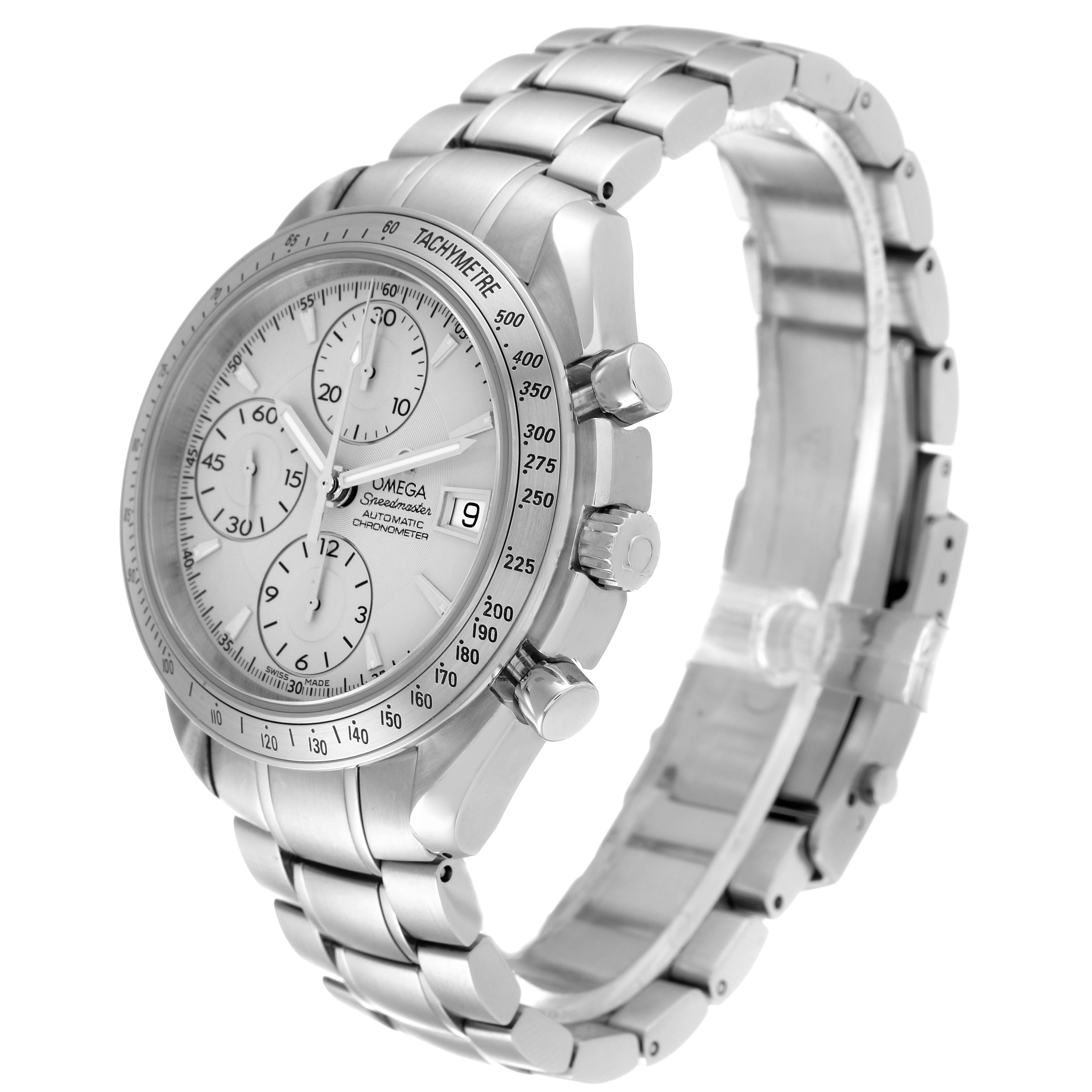 The image shows an angled view of an Omega Speedmaster 3211.30.00 Men's Stainless Steel Silver Dial 3211.30.00 Men's Stainless Steel Silver Dial watch with its stainless steel case, bracelet, bezel, and chronograph dials.