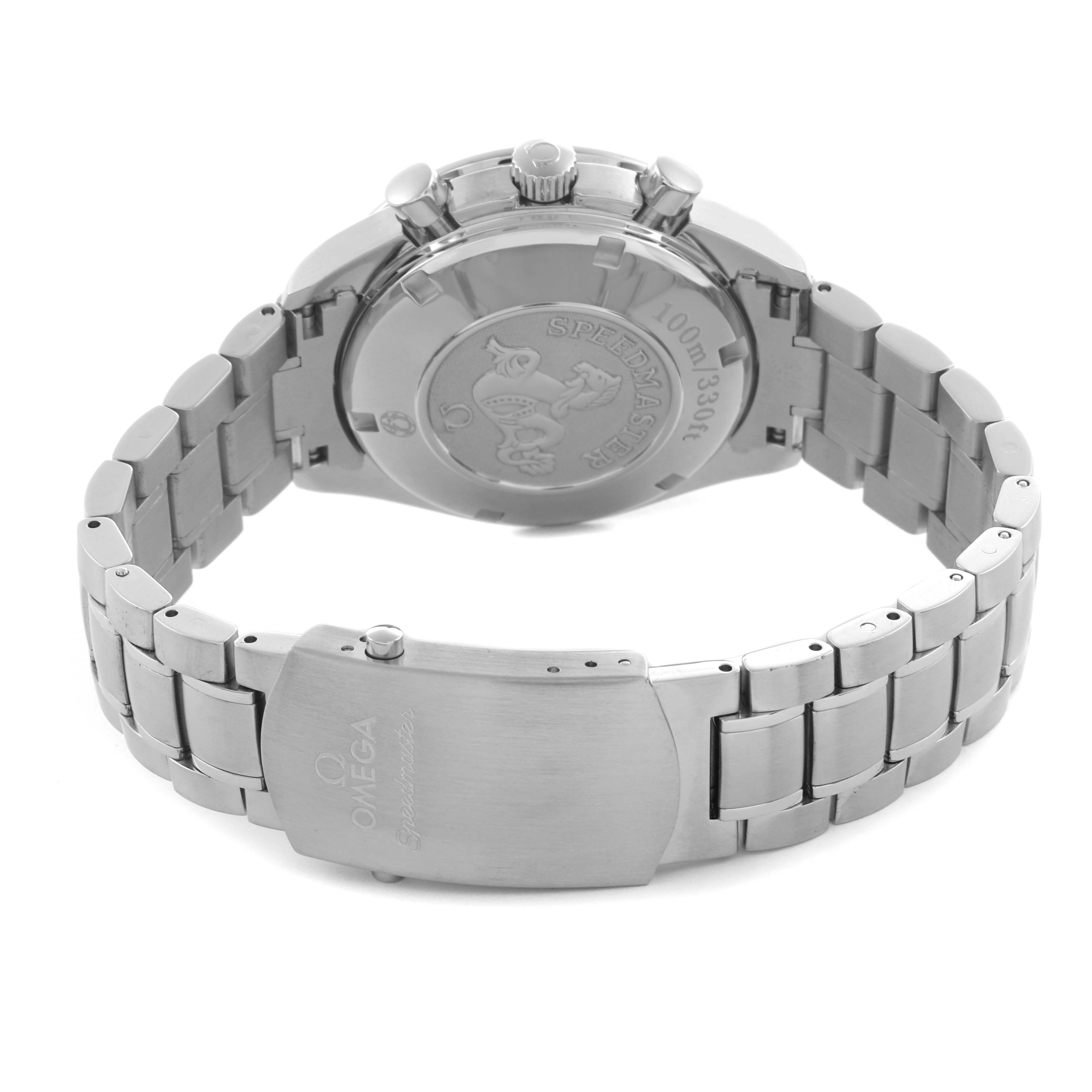 The image shows the back and clasp of the Omega Speedmaster 323.30.40.40.06.001 Men's Stainless Steel Grey Dial 323.30.40.40.06.001 Men's Stainless Steel Grey Dial, with emphasis on the bracelet and engraved case back.
