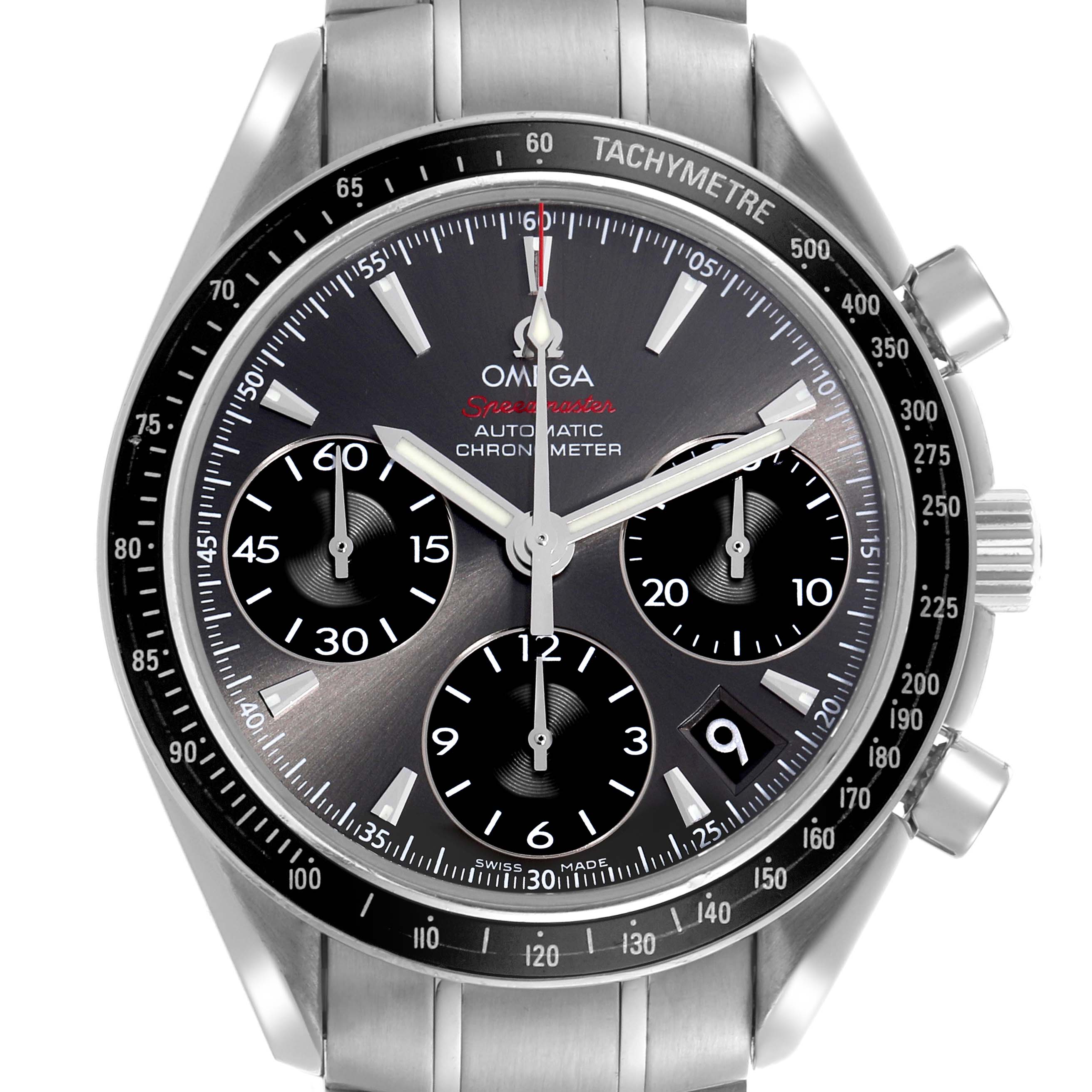 The Omega Speedmaster 323.30.40.40.06.001 Men's Stainless Steel Grey Dial 323.30.40.40.06.001 Men's Stainless Steel Grey Dial watch is shown from a front view, displaying the dial, tachymeter, subdials, and crown.