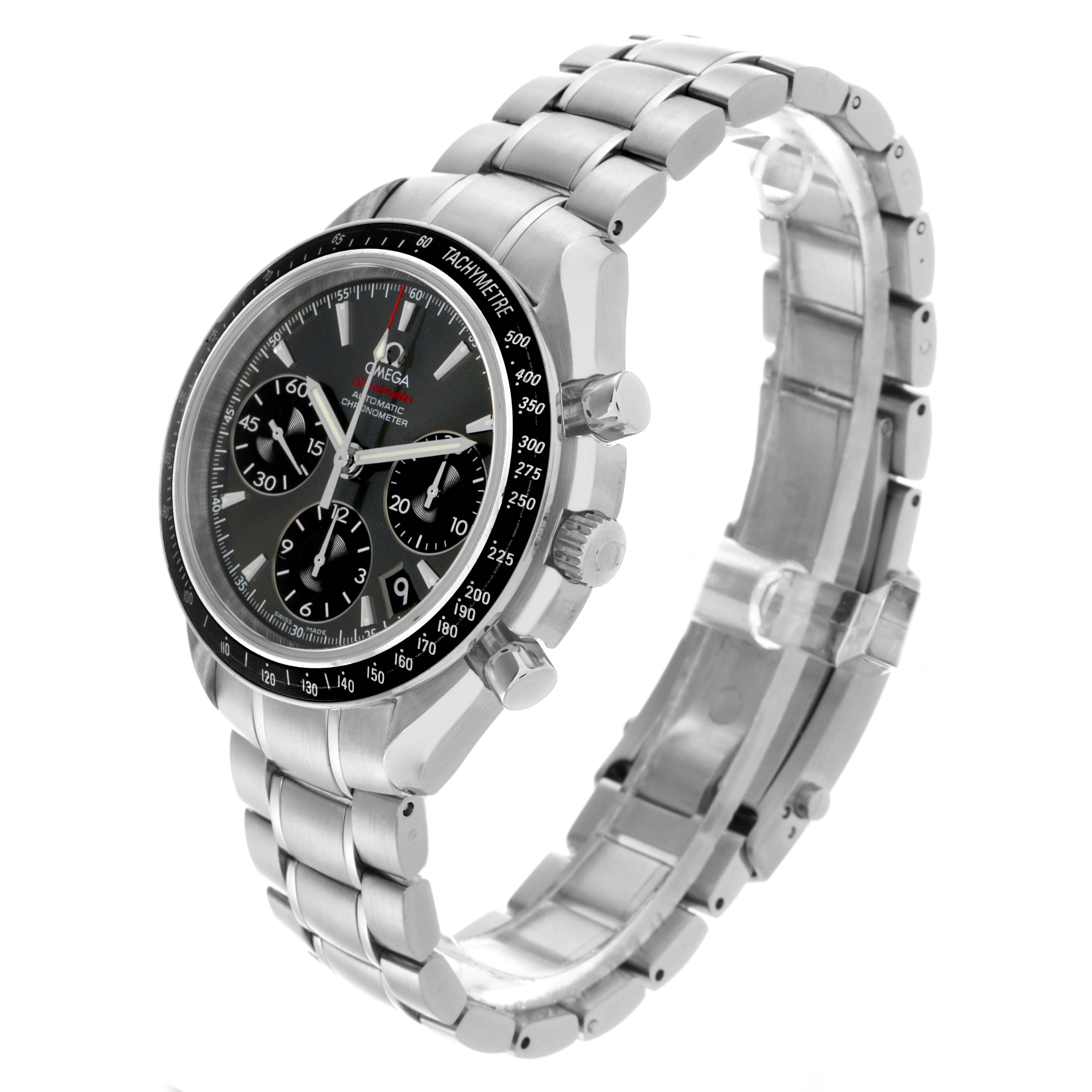 The Omega Speedmaster 323.30.40.40.06.001 Men's Stainless Steel Grey Dial 323.30.40.40.06.001 Men's Stainless Steel Grey Dial watch is shown at a slight angle, highlighting the face, bezel, pushers, and metal bracelet.