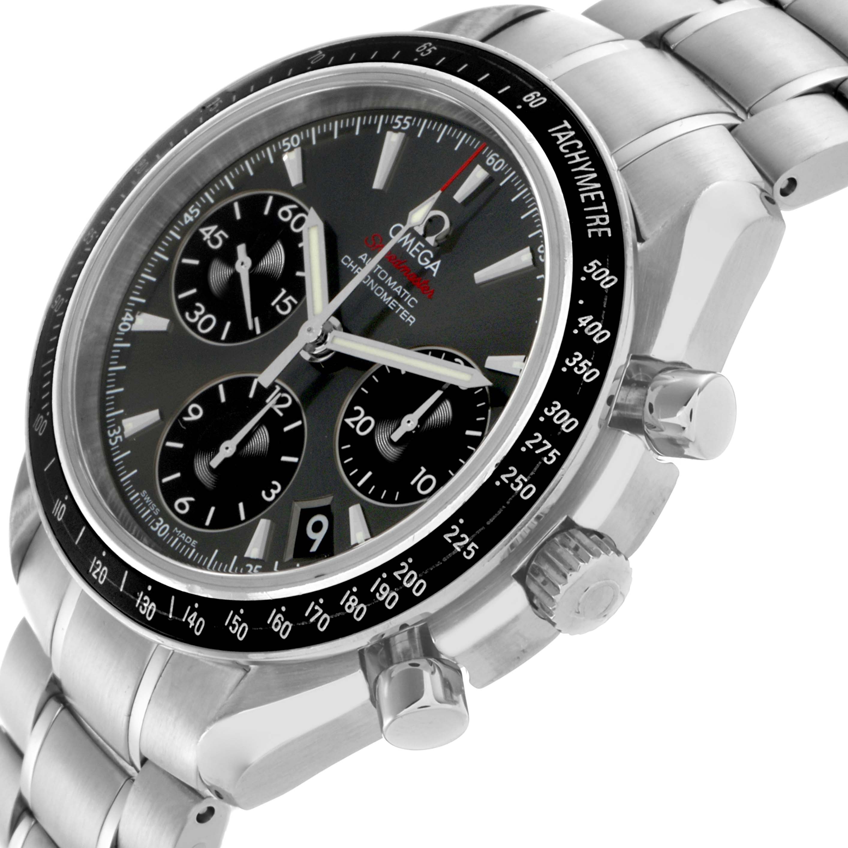 The Omega Speedmaster 323.30.40.40.06.001 Men's Stainless Steel Grey Dial 323.30.40.40.06.001 Men's Stainless Steel Grey Dial watch is shown at an angled side view, displaying the dial, bezel, crown, pushers, and bracelet.