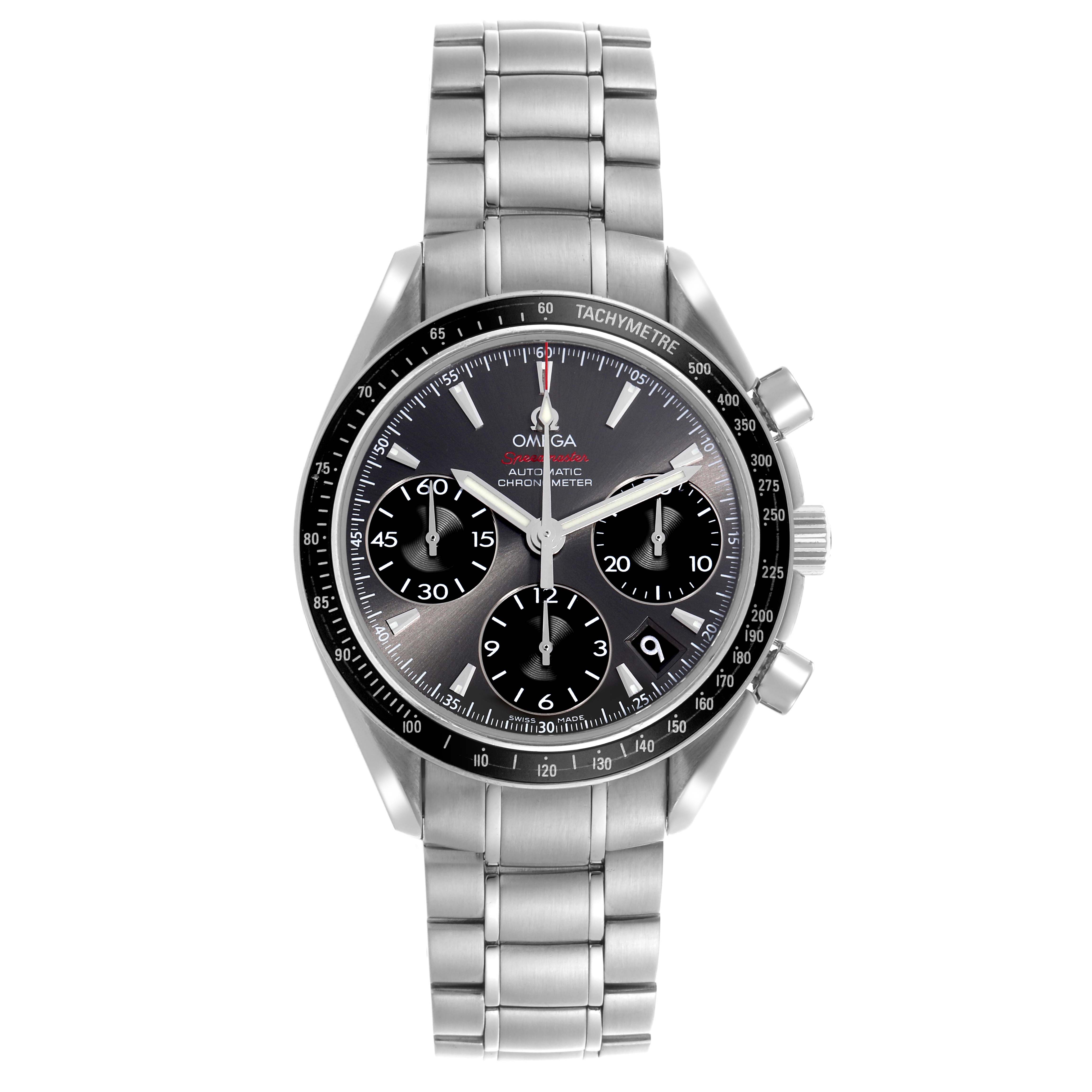 The Omega Speedmaster 323.30.40.40.06.001 Men's Stainless Steel Grey Dial 323.30.40.40.06.001 Men's Stainless Steel Grey Dial watch is shown from a top-down angle, displaying the full dial, bezel, and bracelet.