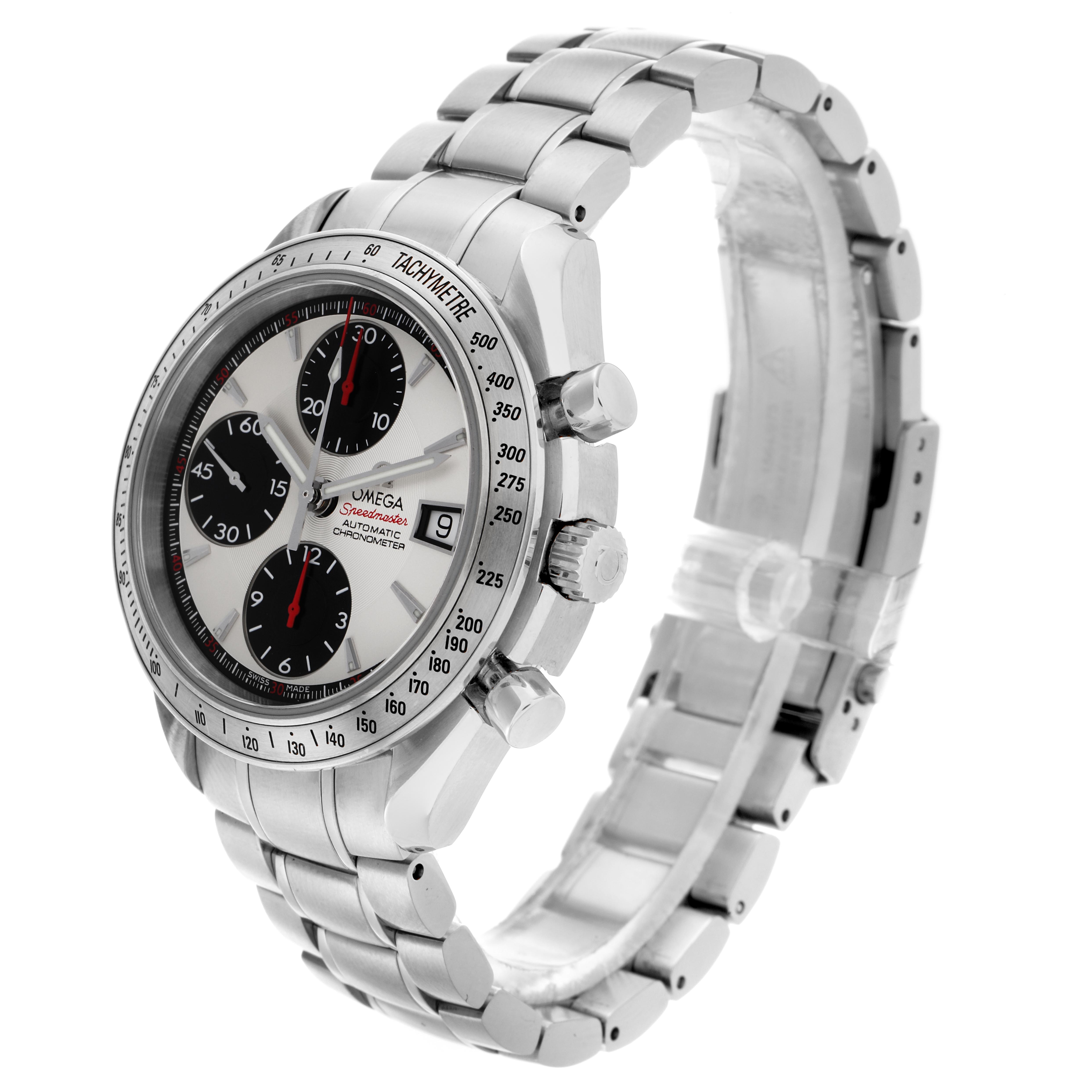 The Omega Seamaster 3211.31.00 Men's Stainless Steel Silver Dial 3211.31.00 Men's Stainless Steel Silver Dial watch is shown at a slight angle, highlighting the face, side buttons, and bracelet.