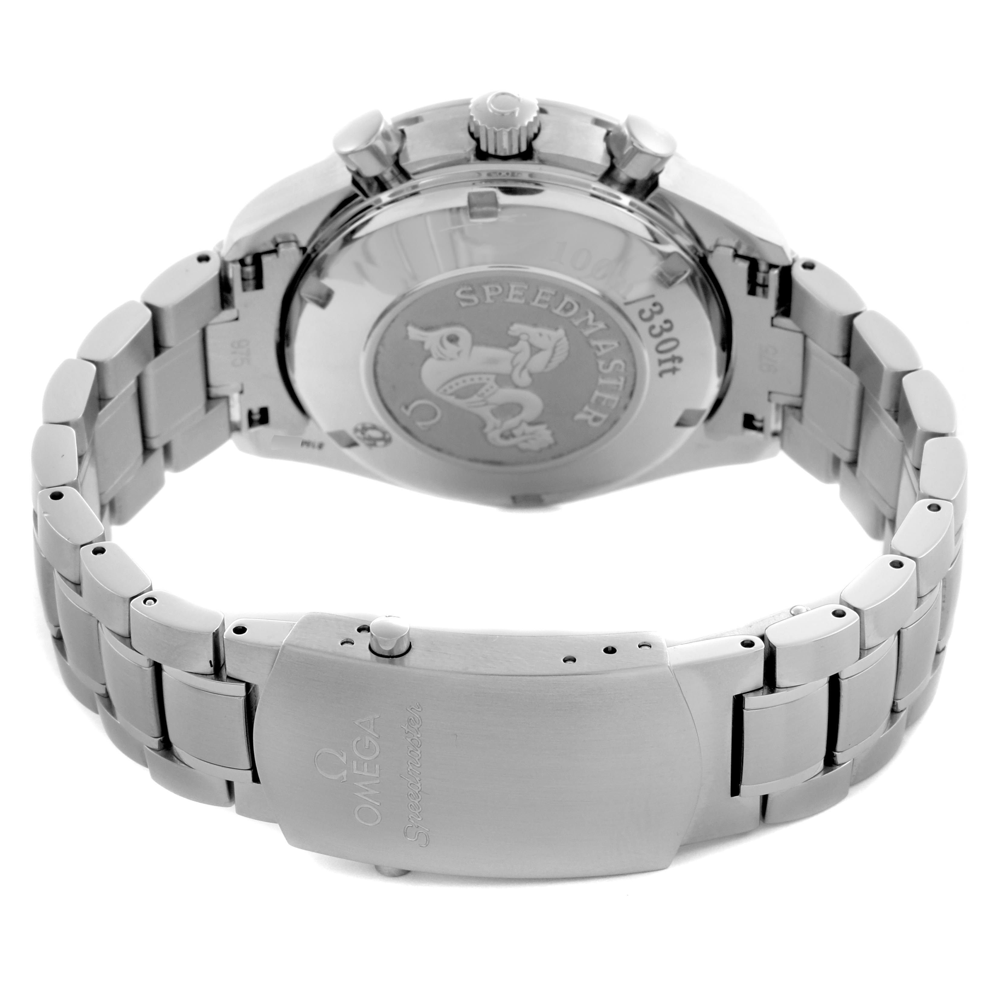 The image shows the back and clasp of an Omega Seamaster 3211.31.00 Men's Stainless Steel Silver Dial 3211.31.00 Men's Stainless Steel Silver Dial watch with a focus on the bracelet and case back design.