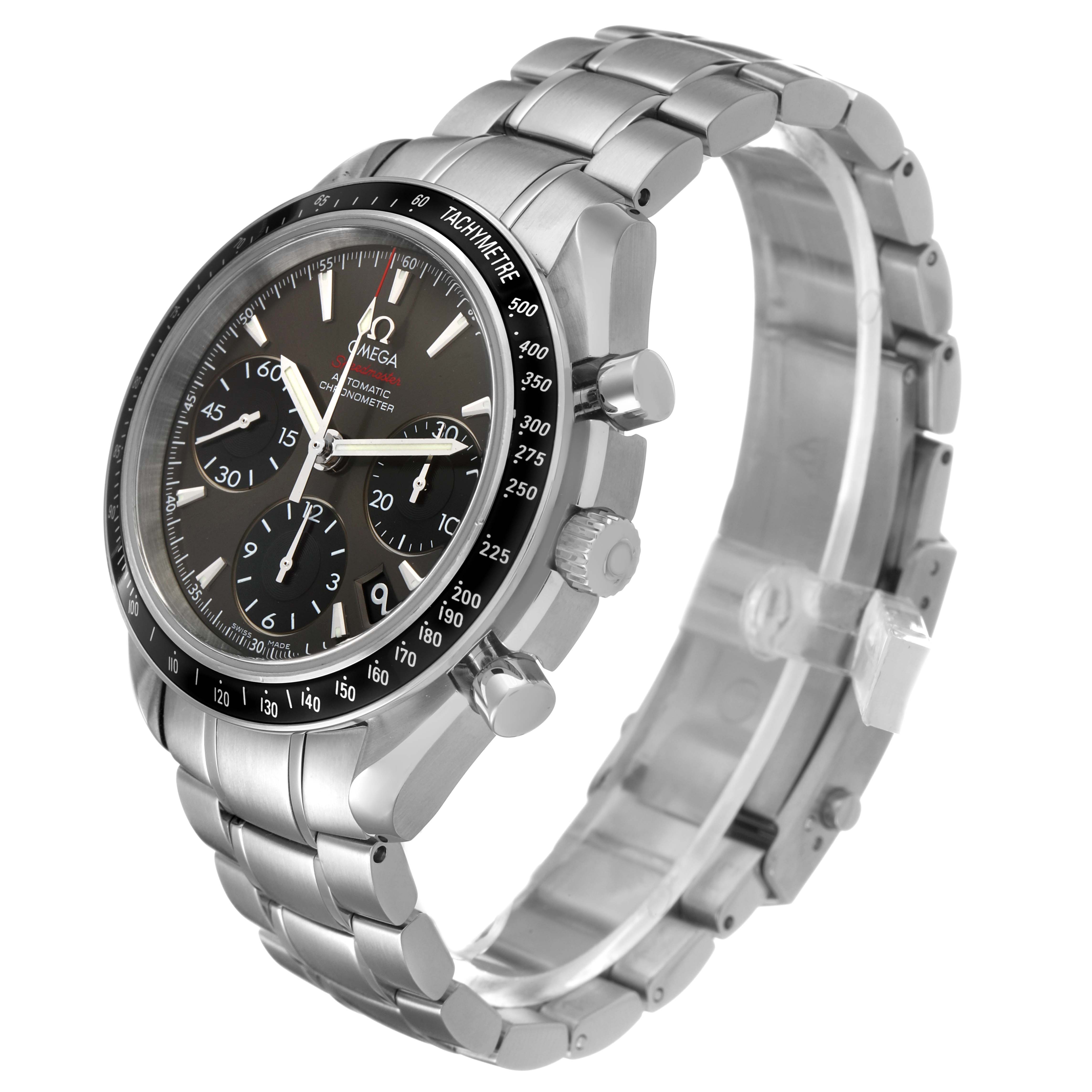The Omega Speedmaster 323.30.40.40.06.001 Men's Stainless Steel Grey Dial watch is shown at a three-quarter angle, highlighting the face, bezel, pushers, and bracelet.