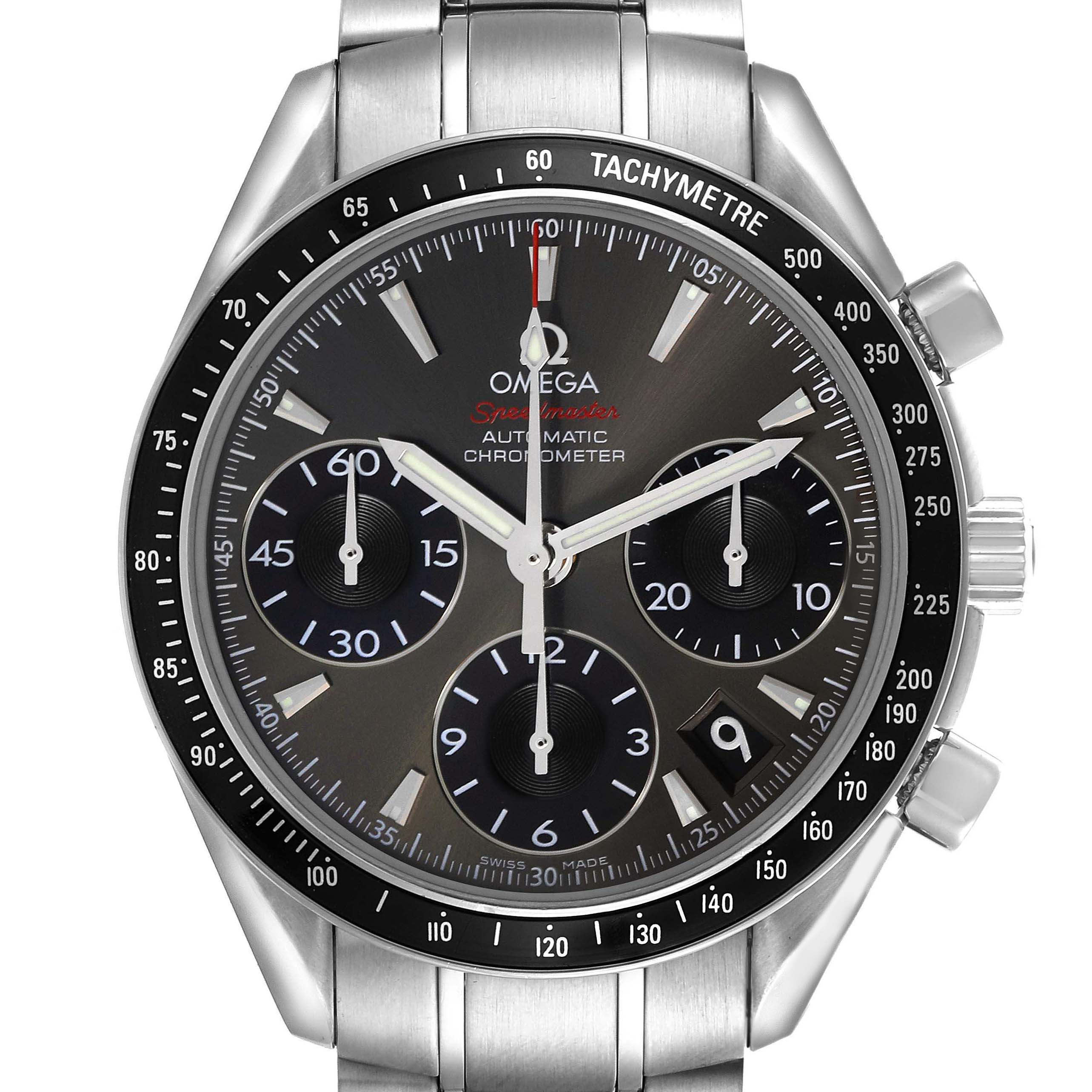 The Omega Speedmaster 323.30.40.40.06.001 Men's Stainless Steel Grey Dial watch is shown from the front, highlighting the dial, tachymeter bezel, and stainless steel bracelet.