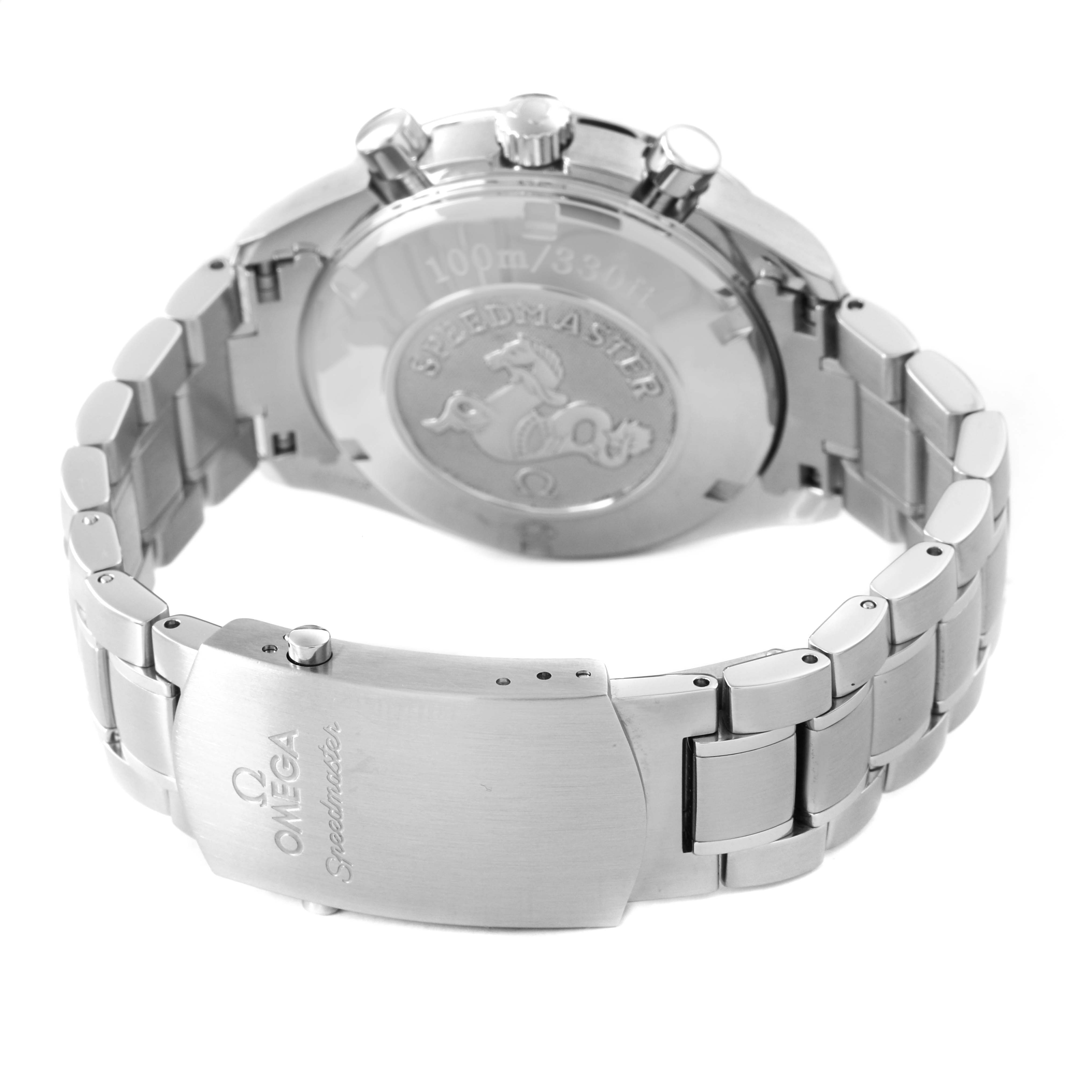 The image shows the clasp and case back of an Omega Speedmaster 323.30.40.40.06.001 Men's Stainless Steel Grey Dial watch from a rear angle.