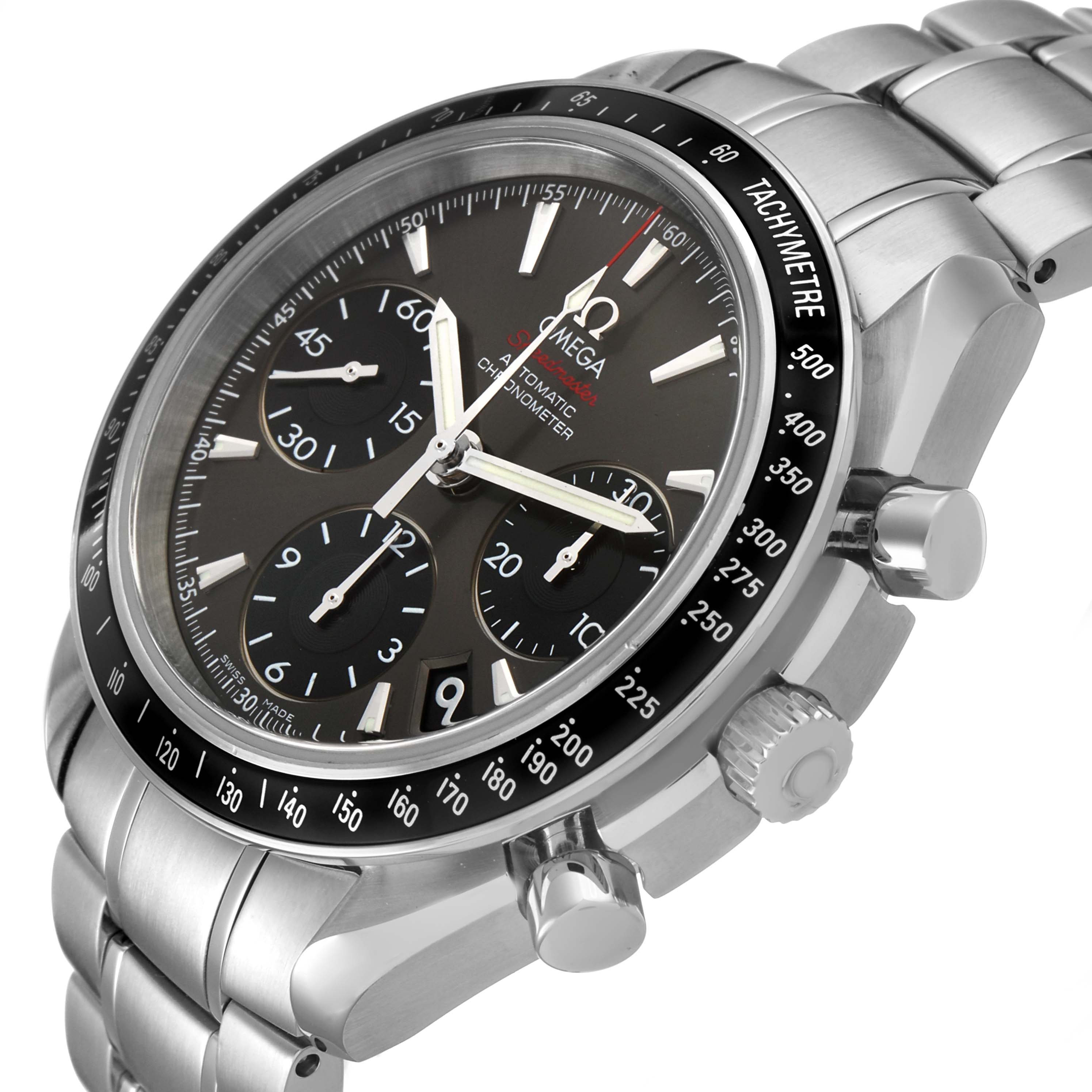 The Omega Speedmaster 323.30.40.40.06.001 Men's Stainless Steel Grey Dial watch is shown at a side angle, highlighting the dial, tachymeter bezel, pushers, and part of the bracelet.