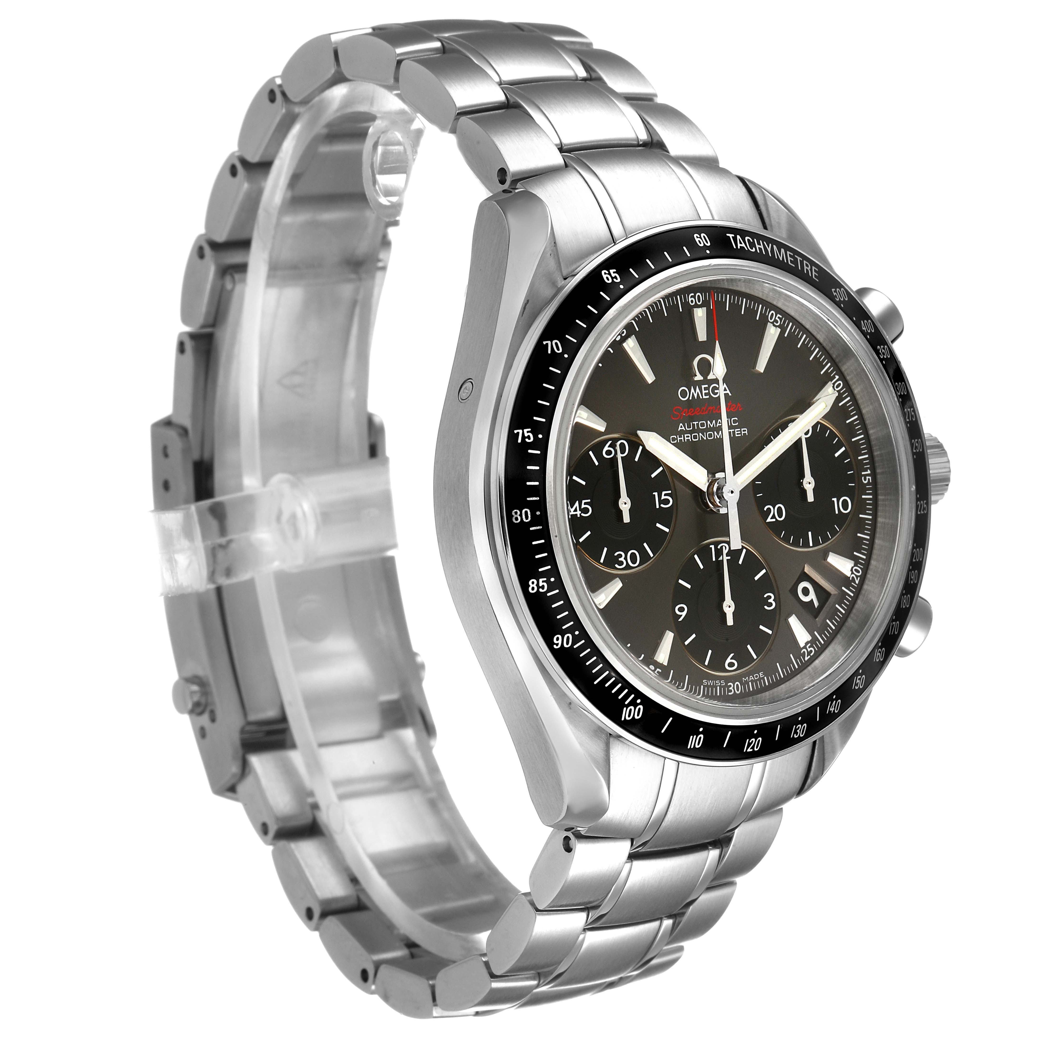 The Omega Speedmaster 323.30.40.40.06.001 Men's Stainless Steel Grey Dial watch is shown at a three-quarter angle, highlighting the face, bezel, and bracelet.