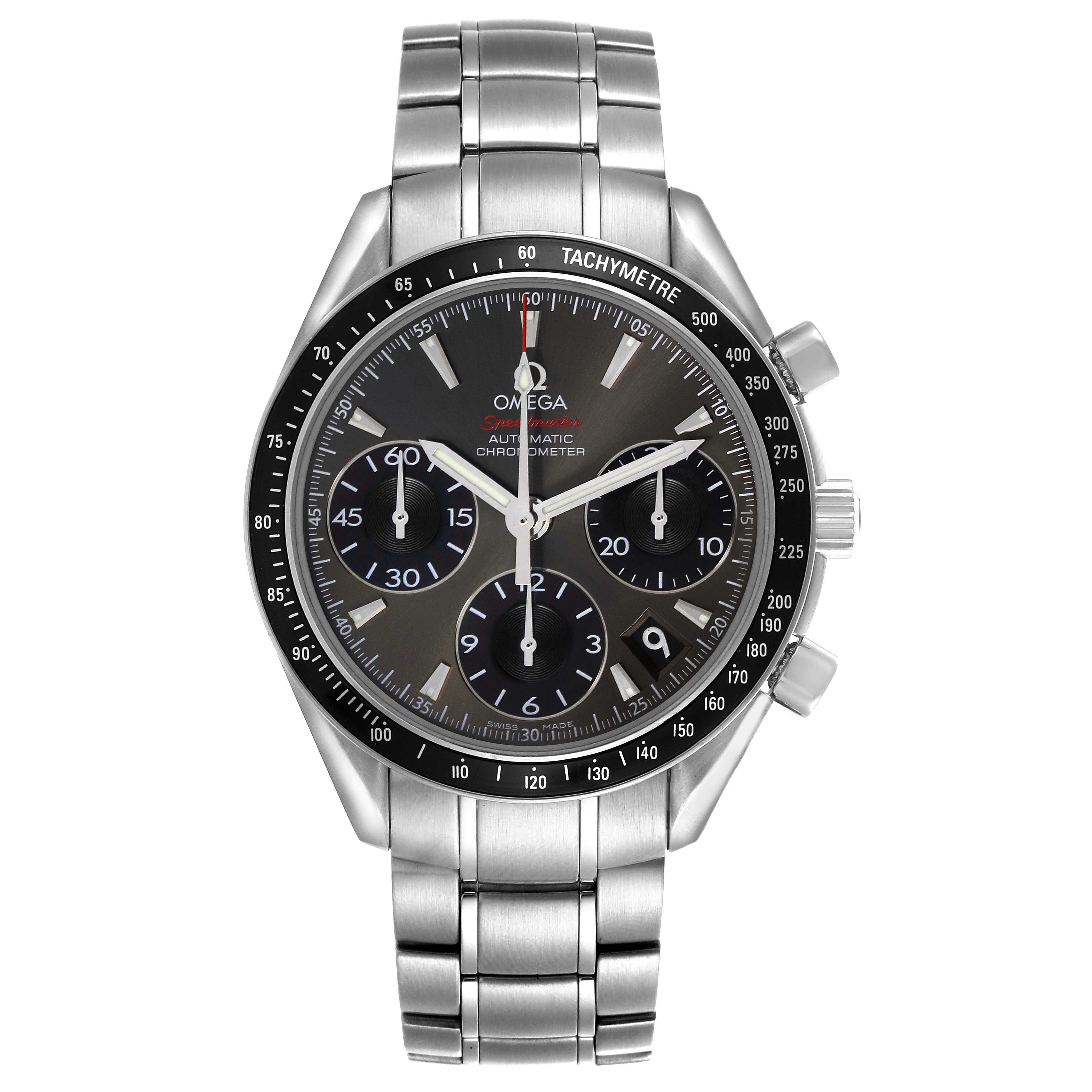 The image shows a front view of the Omega Speedmaster 323.30.40.40.06.001 Men's Stainless Steel Grey Dial watch, displaying its dial, bezel, and bracelet.