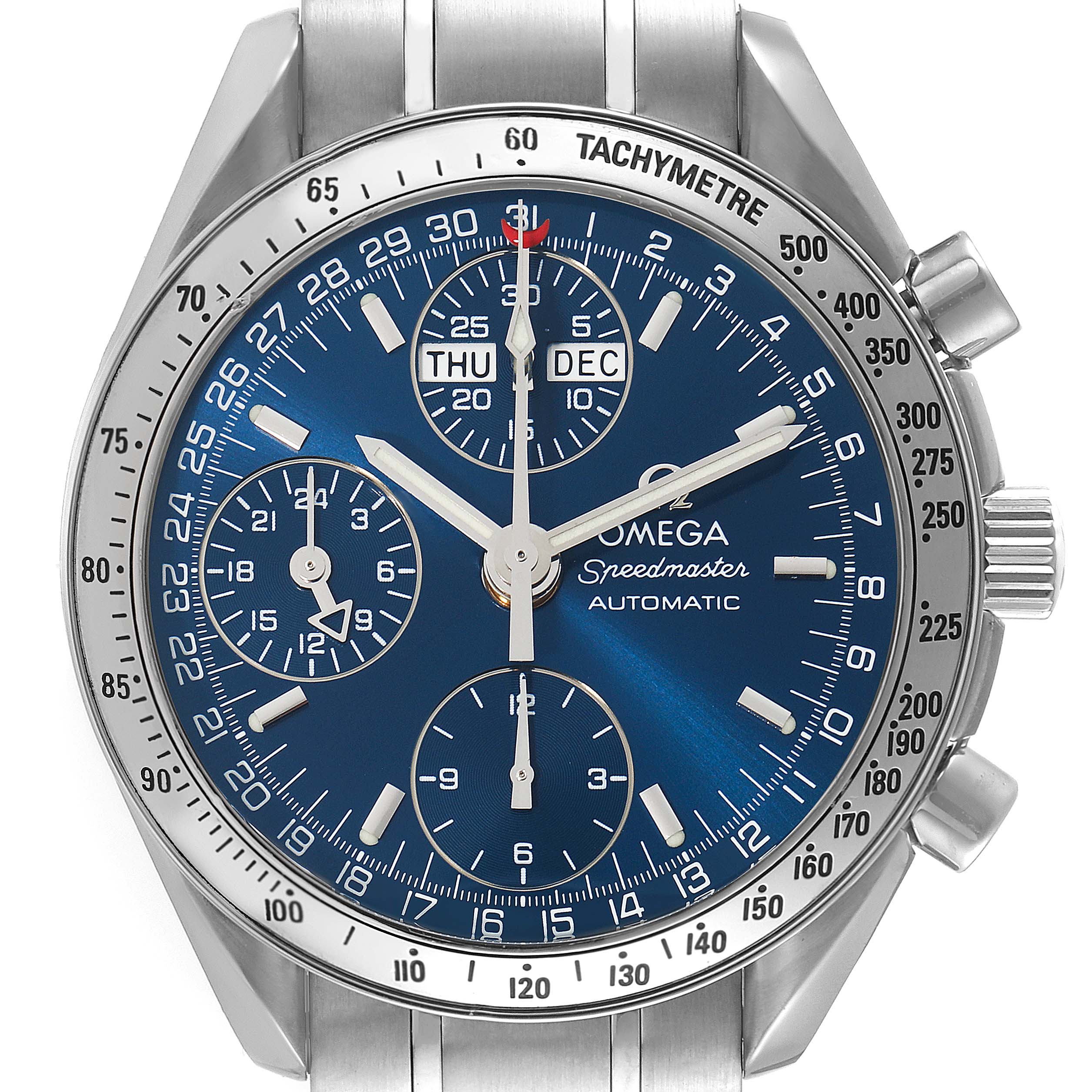 This image shows a front view of the Omega Speedmaster 3523.80.00 Men's Stainless Steel Blue Dial 3523.80.00 Men's Stainless Steel Blue Dial watch, highlighting its dial, subdials, tachymeter bezel, and stainless steel bracelet.