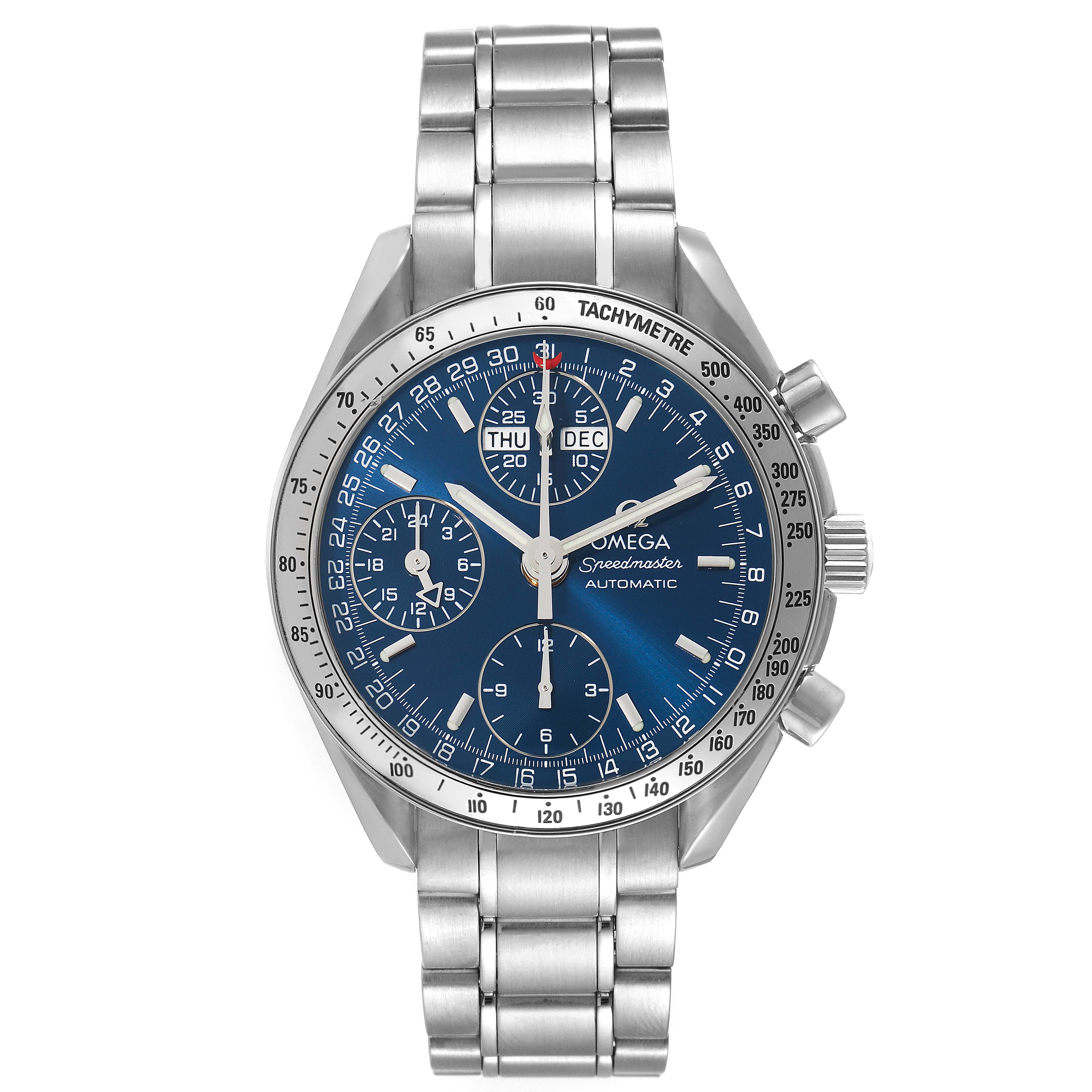 The image shows an Omega Speedmaster 3523.80.00 Men's Stainless Steel Blue Dial 3523.80.00 Men's Stainless Steel Blue Dial watch from the front, displaying the dial, bezel, and bracelet.